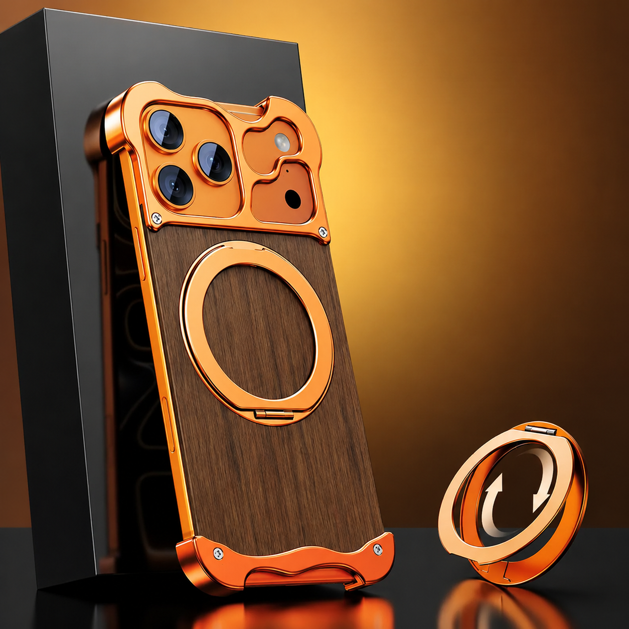 Premium iPhone Case Wood Aluminum Frame MagSafe Compatible Protective Cover 360° Rotating Ring Stand Shockproof Camera Lens Guard