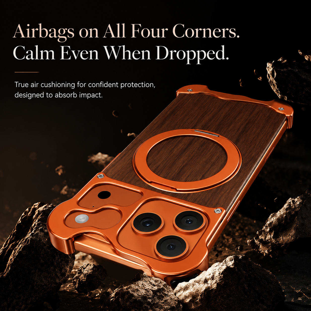 Premium iPhone Case Wood Aluminum Frame MagSafe Compatible Protective Cover 360° Rotating Ring Stand Shockproof Camera Lens Guard