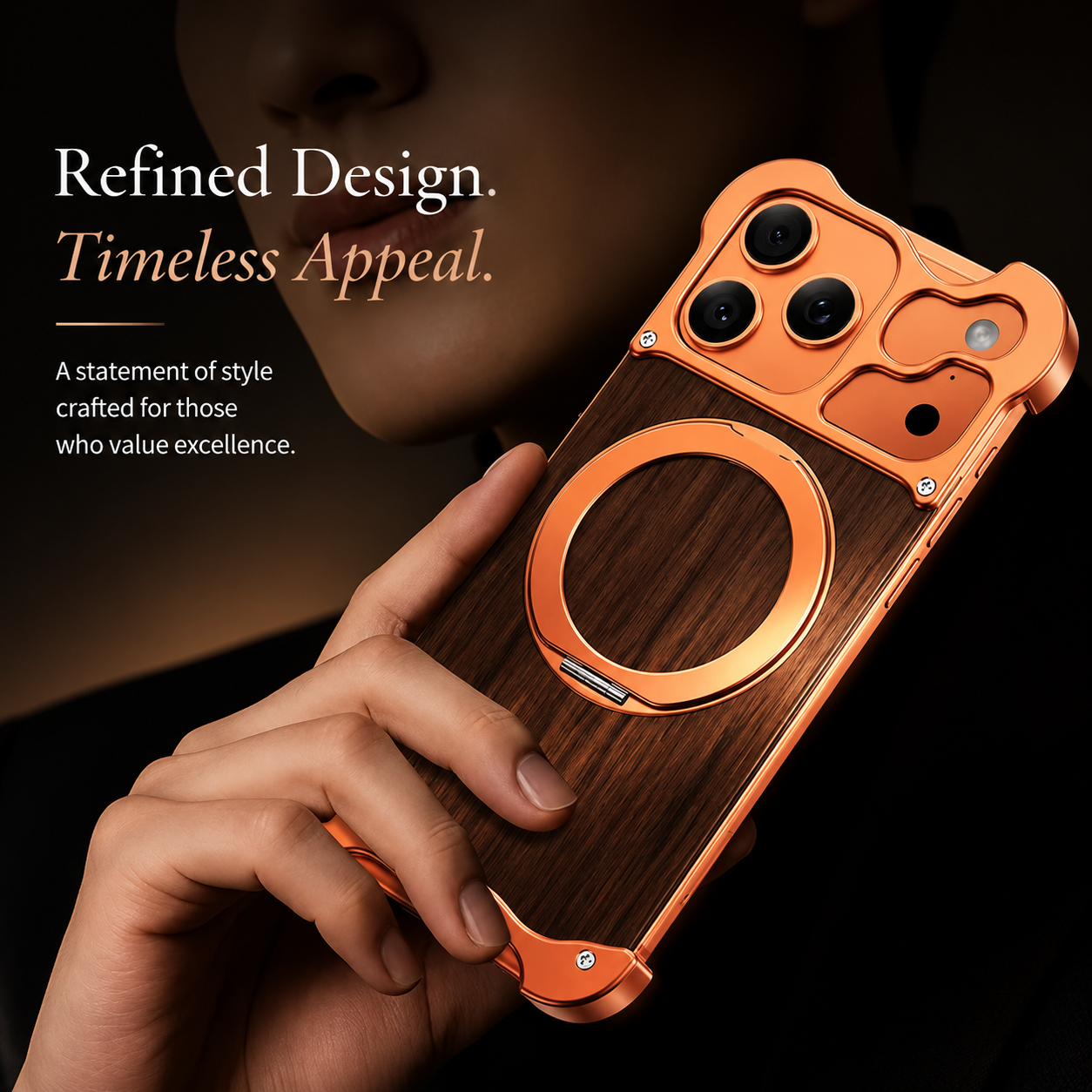 Premium iPhone Case Wood Aluminum Frame MagSafe Compatible Protective Cover 360° Rotating Ring Stand Shockproof Camera Lens Guard