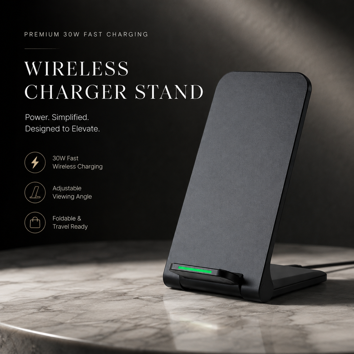 Premium 30W Wireless Charger Stand Fast Charging Foldable Phone Charging Stand USB C Vertical Horizontal Viewing Compatible with iPhone Travel Design
