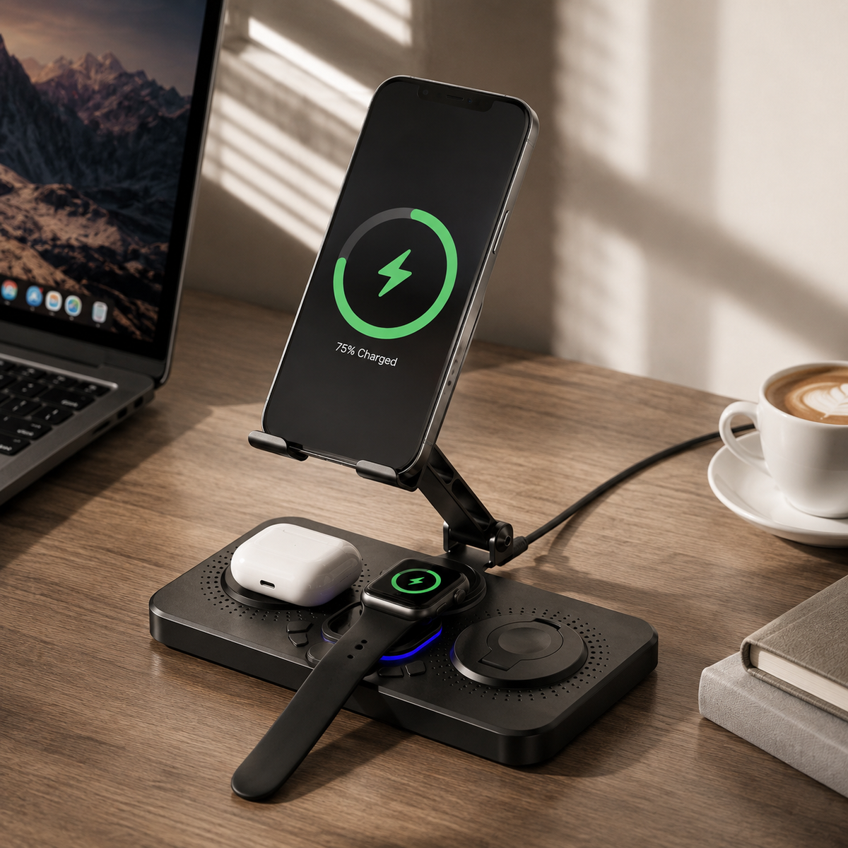 Premium 4 in 1 Magnetic Wireless Charging Station 15W Fast Charging Foldable Charger Stand for Phone Watch Earbuds LED Compatible with iPhone
