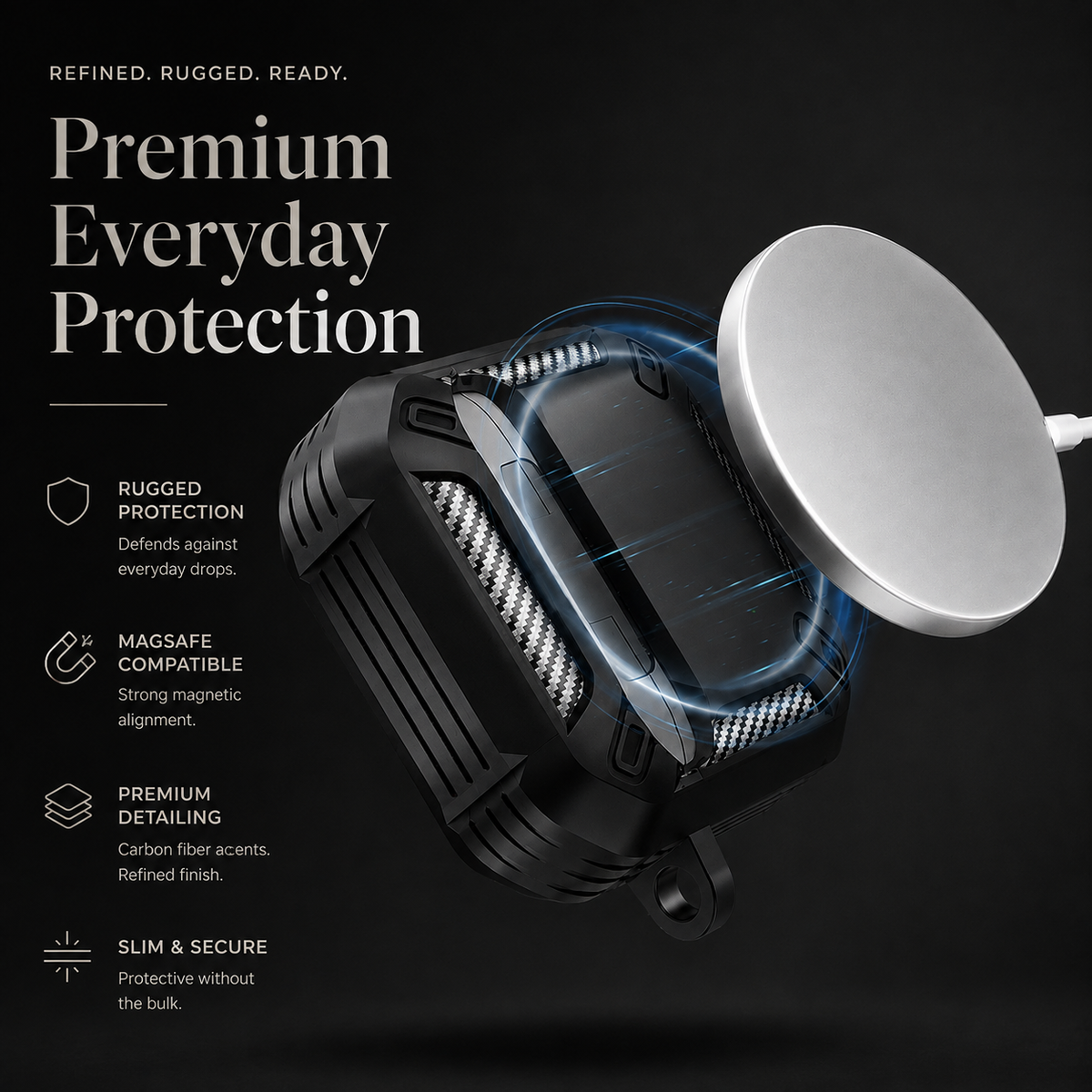 Premium Carbon Fiber AirPods Case Cover Shockproof TPU Protective Case Secure Lock Wireless Charging Anti-Scratch Compatible with AirPods