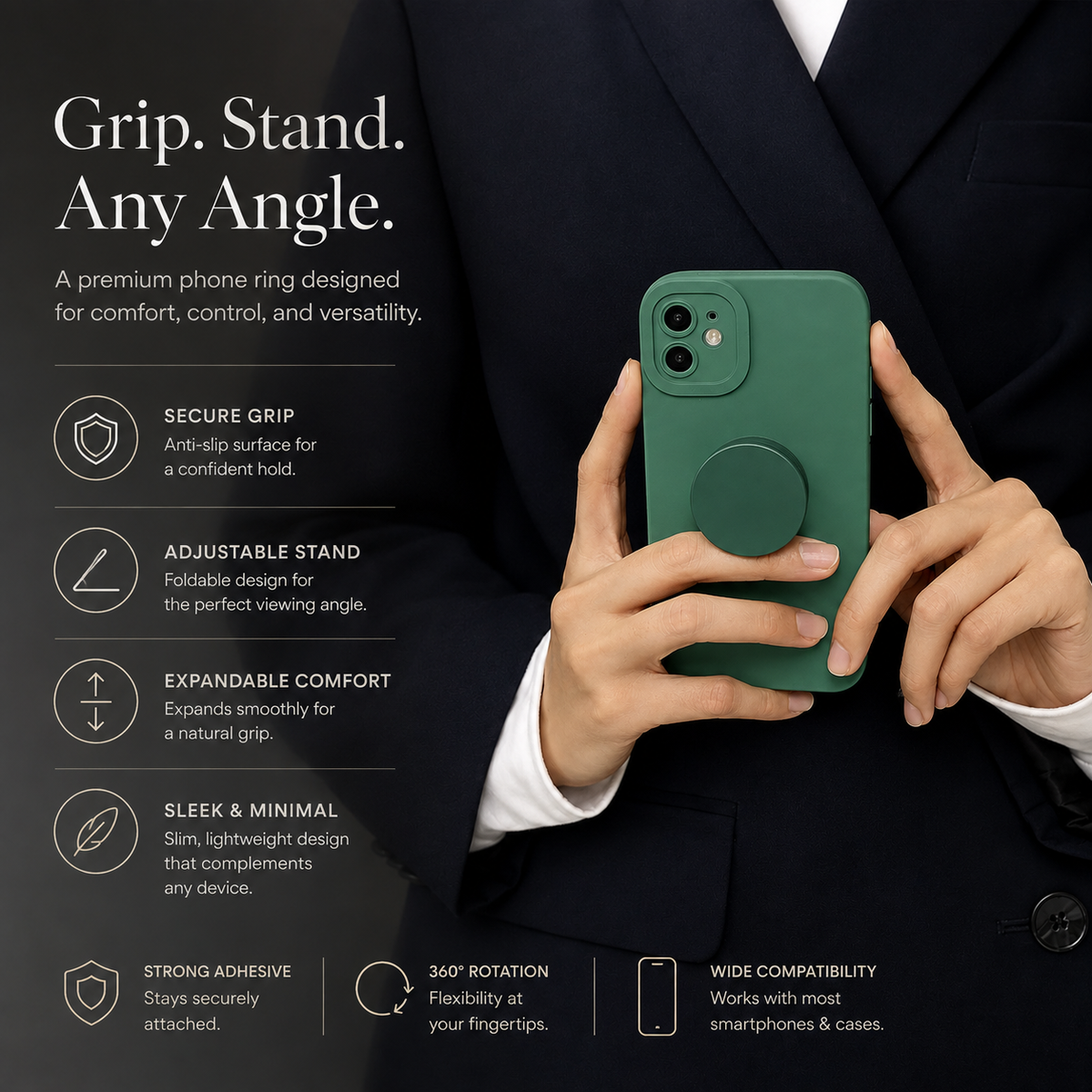 Premium Foldable Finger Ring Phone Holder Anti-Slip Expandable Grip Stand Round Socket Mount Adjustable Kickstand Compatible with iPhone