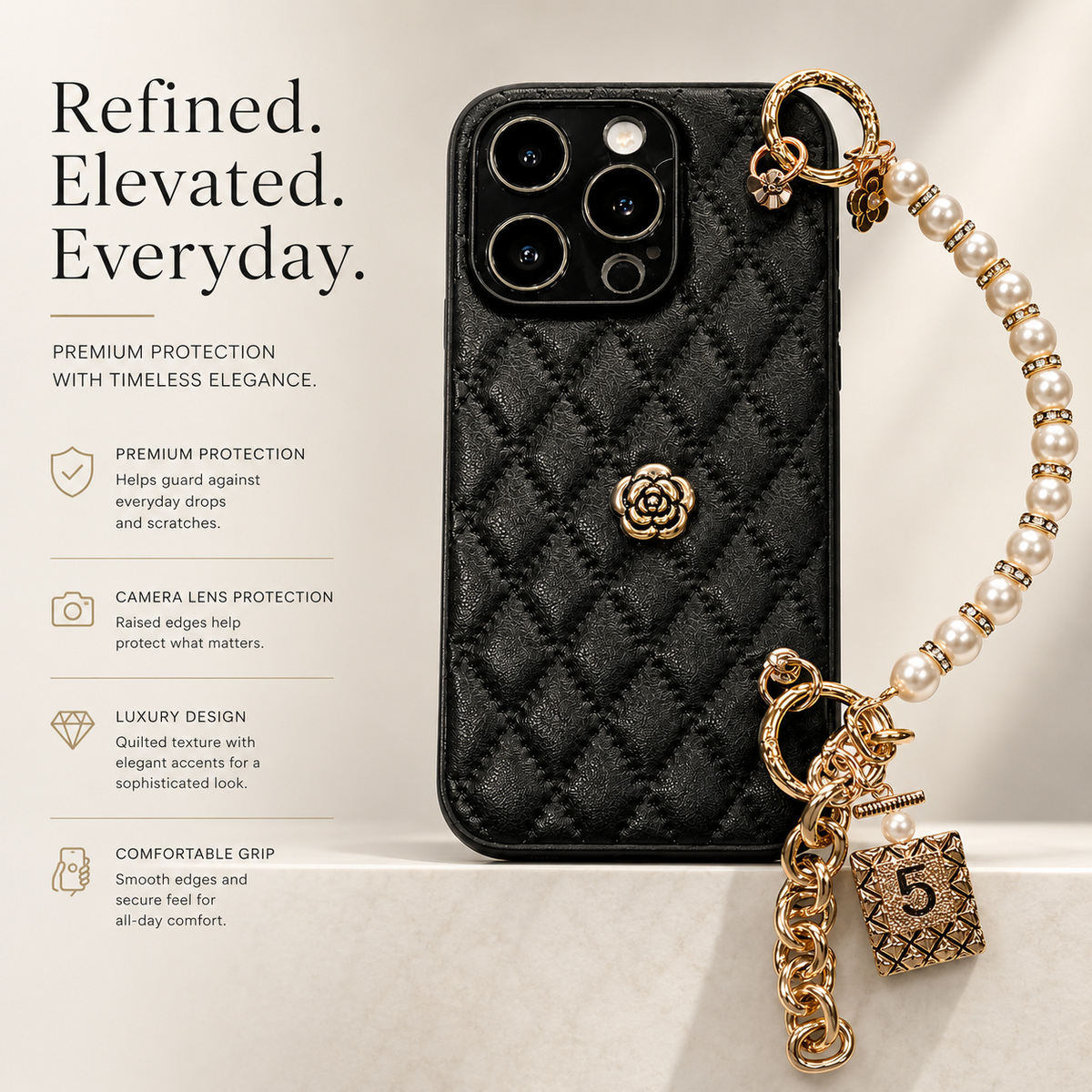 Premium Luxury iPhone Case 3D Camellia Floral Cover Chain Strap Shockproof Protective Design Slim Lightweight Elegant Finish Style Fashion Collection