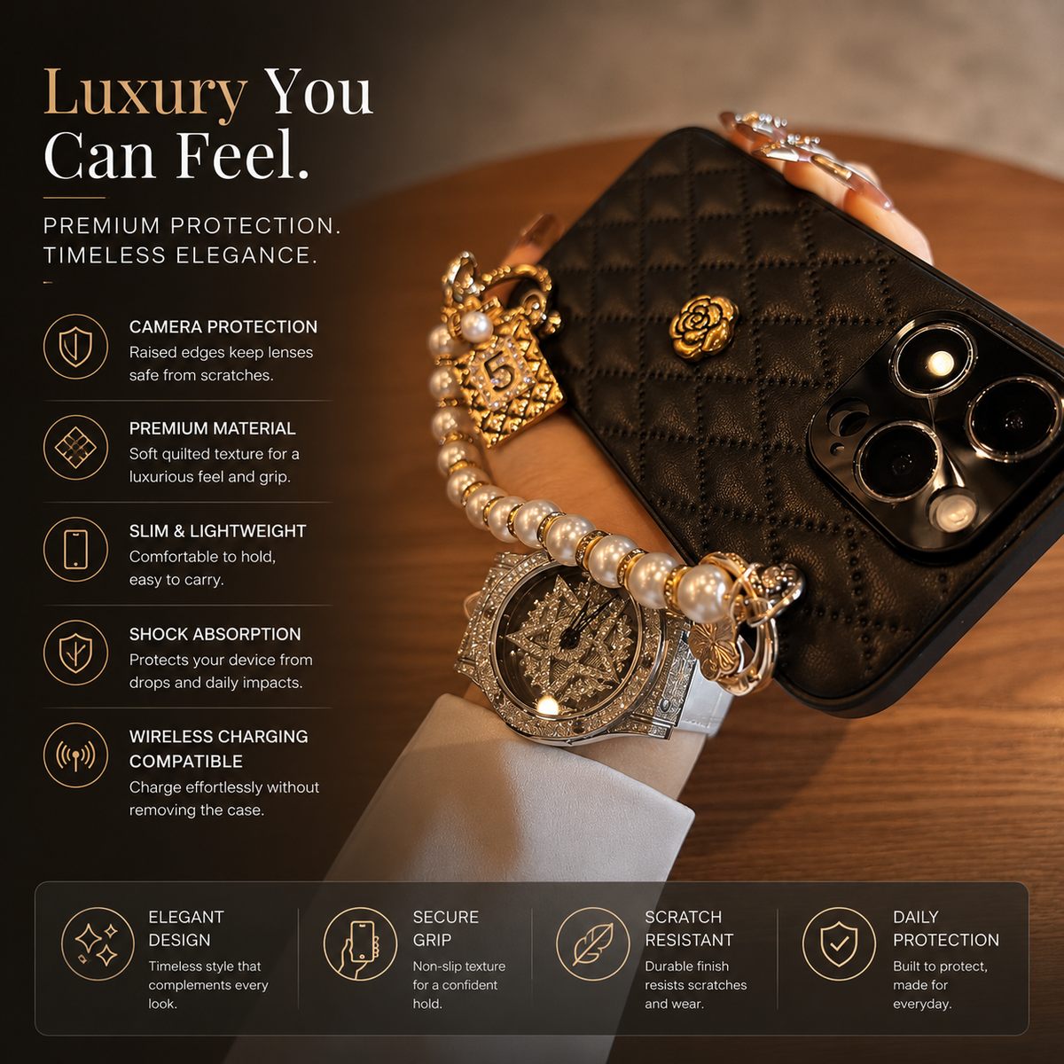 Premium Luxury iPhone Case 3D Camellia Floral Cover Chain Strap Shockproof Protective Design Slim Lightweight Elegant Finish Style Fashion Collection