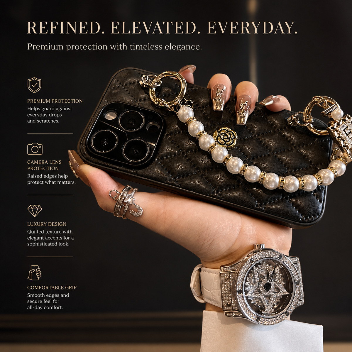 Premium Luxury iPhone Case 3D Camellia Floral Cover Chain Strap Shockproof Protective Design Slim Lightweight Elegant Finish Style Fashion Collection