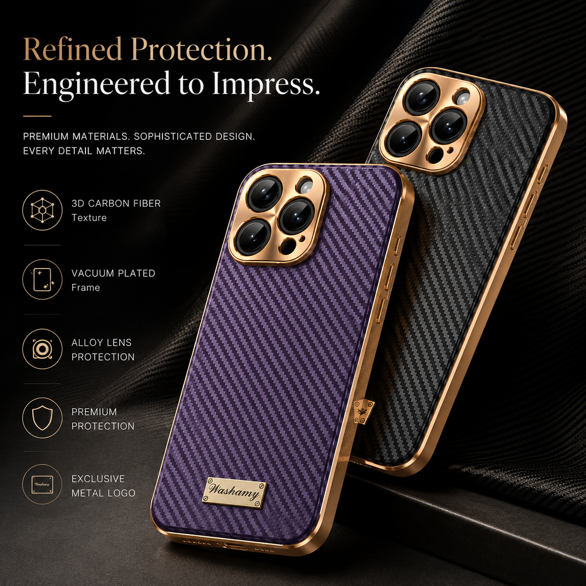 Premium Luxury iPhone Case Carbon Fiber Textured Leather Cover Alloy Metal Lens Guard Shockproof Slim Fit Wireless Charging Compatible Durable Design Finish