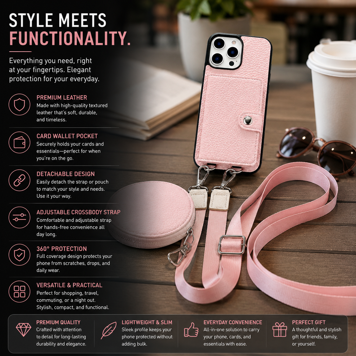 Premium Luxury iPhone Case Crossbody Wallet Cover PU Leather Card Holder Coin Pocket RFID Protection Shoulder Strap Shockproof Full Protection Slim Design Finish