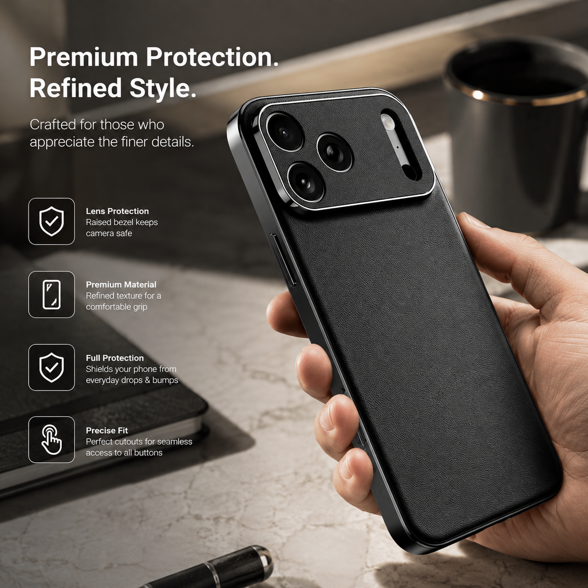 Premium Luxury iPhone Case Genuine Cowhide Leather Cover Shockproof Frame Full Camera Lens Protection Anti Slip Matte Finish Slim Protective Design