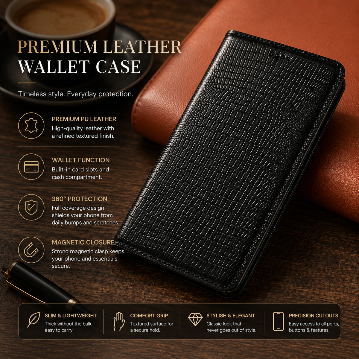 Premium Luxury iPhone Case Genuine Cowhide Leather Flip Cover Crocodile Grain Wallet Card Holder Magnetic Closure Shockproof Full Body Protection Slim Design Finish