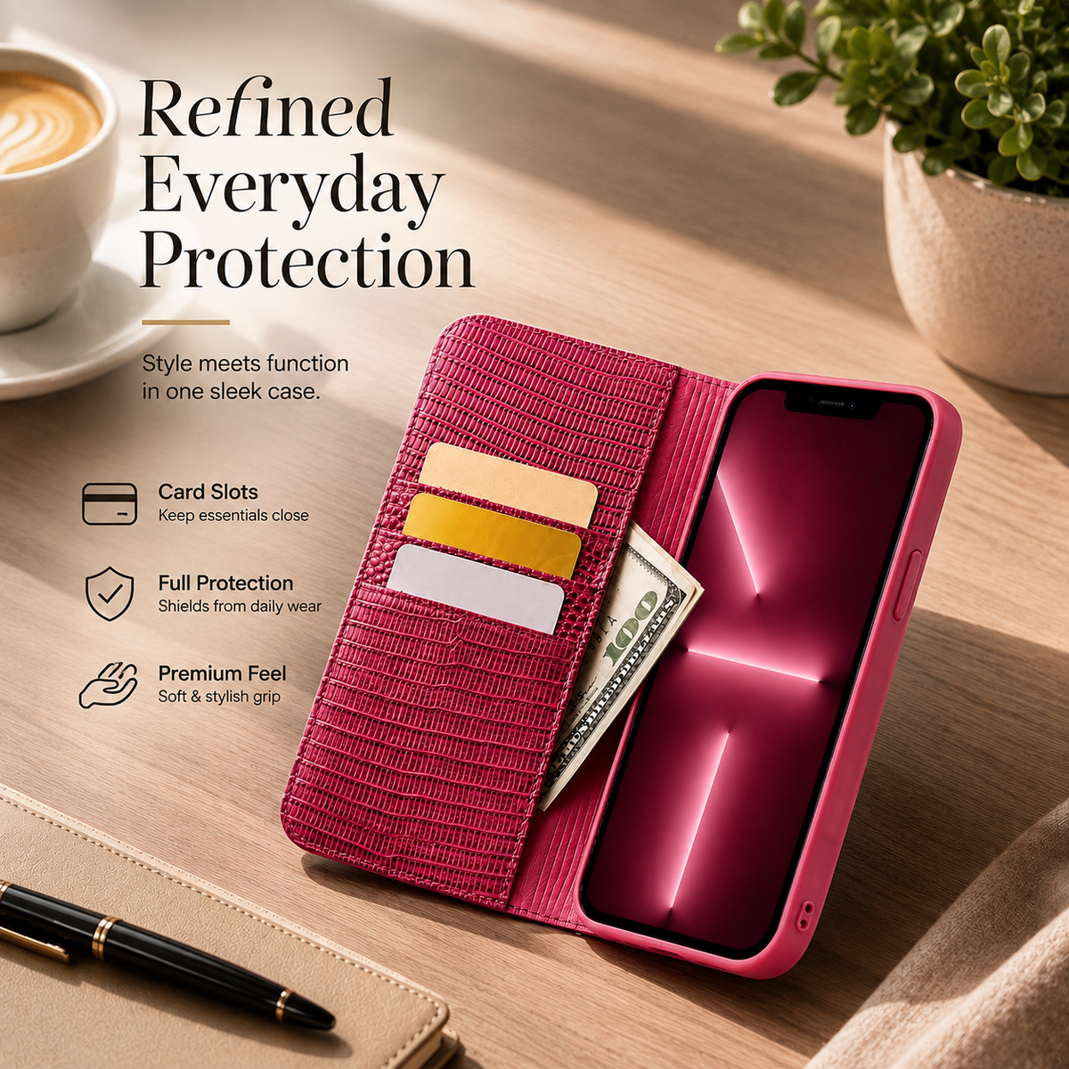 Premium Luxury iPhone Case Genuine Leather Flip Cover Card Slot Ultra Slim Shockproof Full Protection Durable Design Finish Magnetic Closure