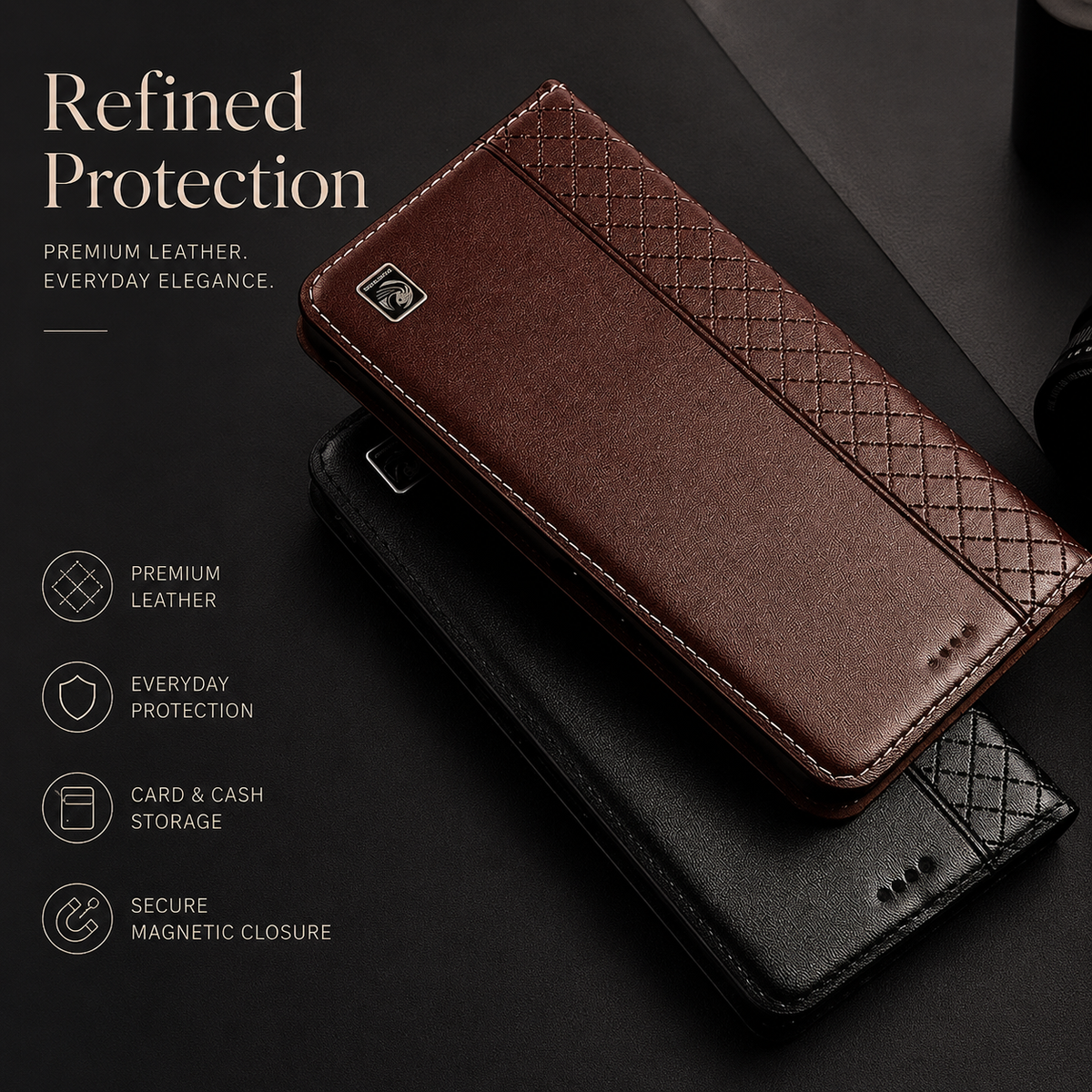 Premium Luxury iPhone Case Genuine Nappa Leather Wallet Flip Cover Card Holder Magnetic Closure Shockproof Full Body Protection Slim Business Design Finish