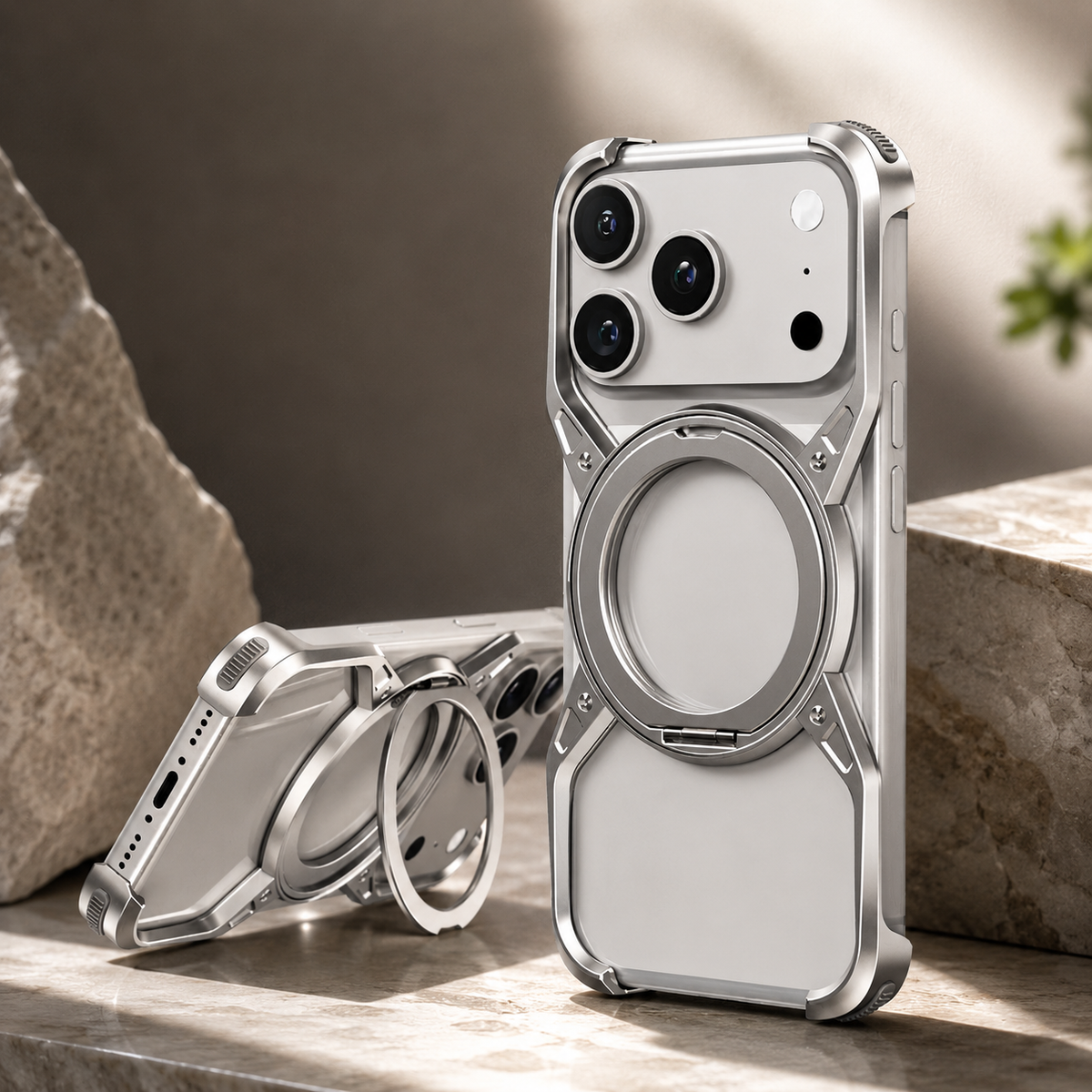 Premium Luxury iPhone Case MagSafe Compatible Aluminum Bumper Frame Cover 360° Rotating Ring Stand Shockproof Camera Protection Slim Design Finish