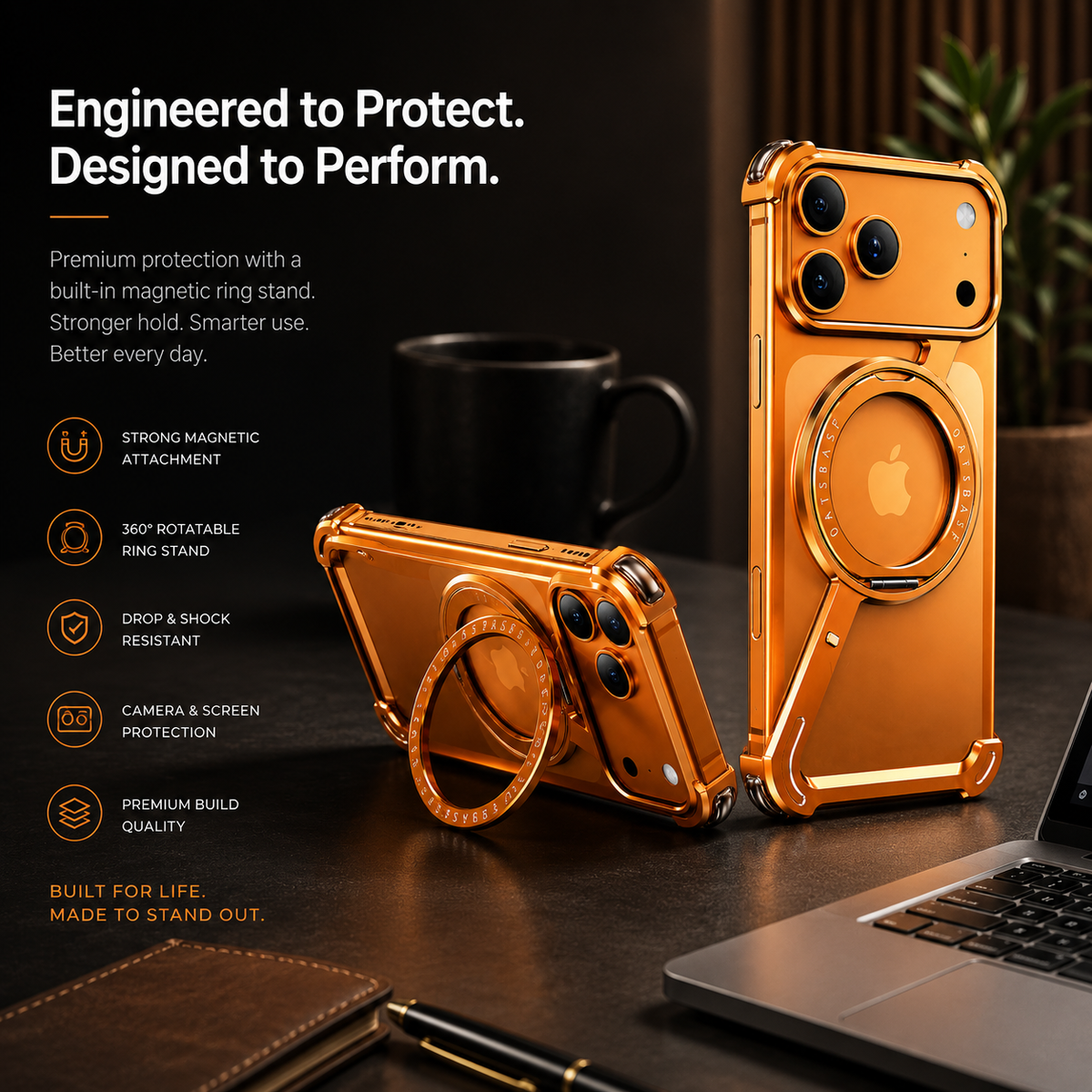 Premium Luxury iPhone Case MagSafe Compatible Aluminum Magnetic Cover Frameless Shockproof 360° Rotating Ring Stand Camera Protection Slim Design Finish