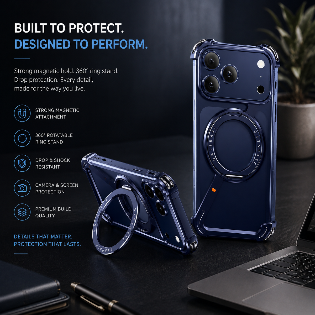 Premium Luxury iPhone Case MagSafe Compatible Aluminum Magnetic Cover Frameless Shockproof 360° Rotating Ring Stand Camera Protection Slim Design Finish