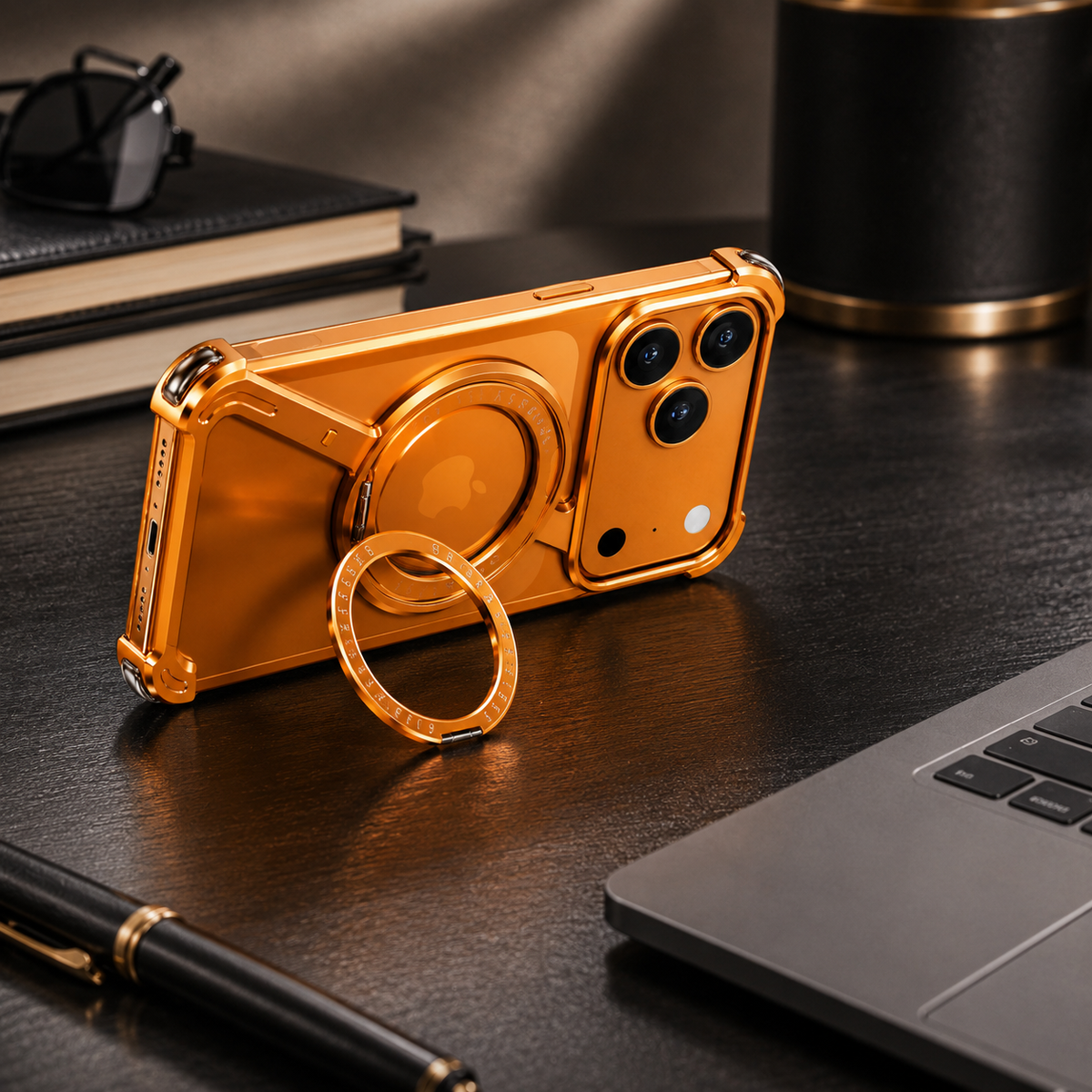 Premium Luxury iPhone Case MagSafe Compatible Aluminum Magnetic Cover Frameless Shockproof 360° Rotating Ring Stand Camera Protection Slim Design Finish