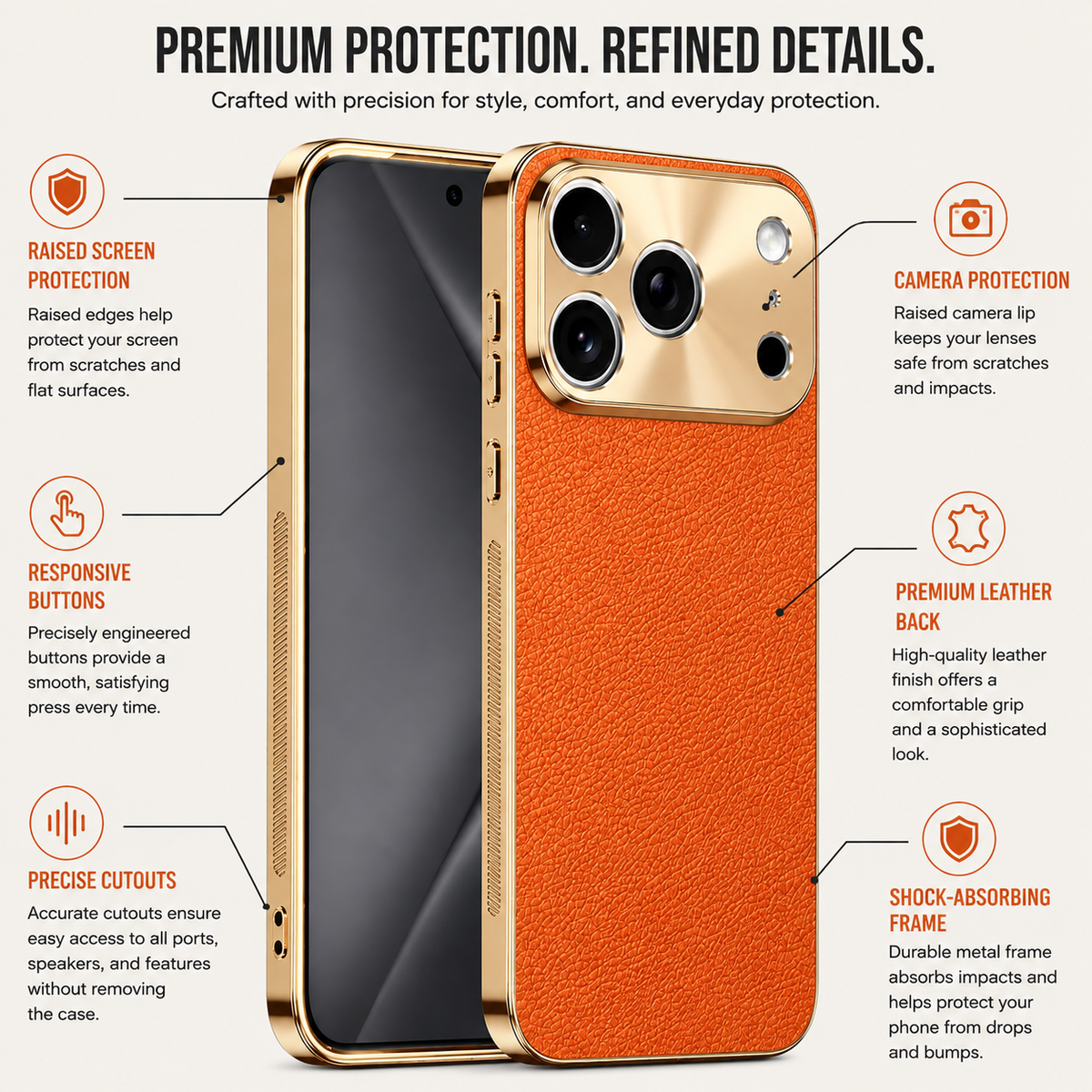 Premium Luxury iPhone Case MagSafe Compatible Lychee Texture Leather Cover Electroplated Frame Shockproof Camera Protection Full Coverage Slim Design Finish