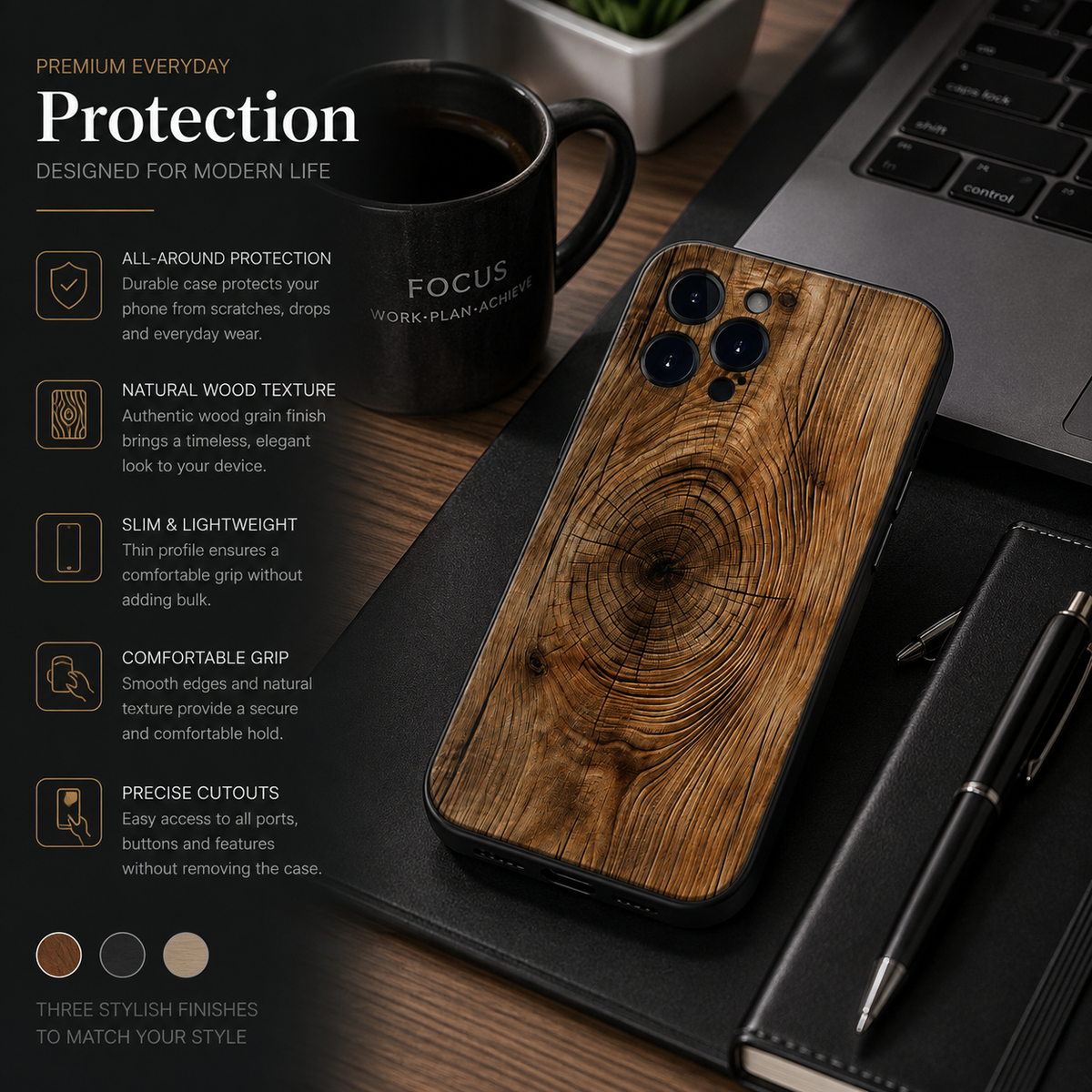 Premium Luxury iPhone Case MagSafe Compatible Natural Wood Back Cover TPU Bumper Shockproof Camera Protection Ultra Thin Slim Design Finish