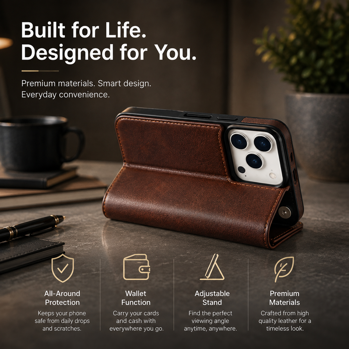 Premium Luxury iPhone Case Magnetic Flip Wallet Cover Faux Leather Card Holder Kickstand Shockproof Full Body Camera Protection Slim Design Finish