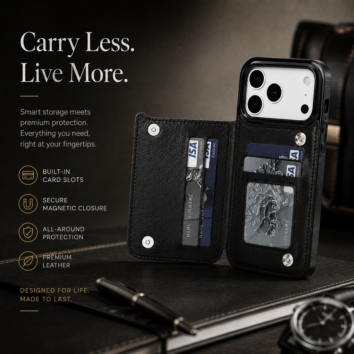 Premium Luxury iPhone Case Magnetic Flip Wallet Cover Faux Leather Card Holder Kickstand Shockproof Full Body Camera Protection Slim Design Finish