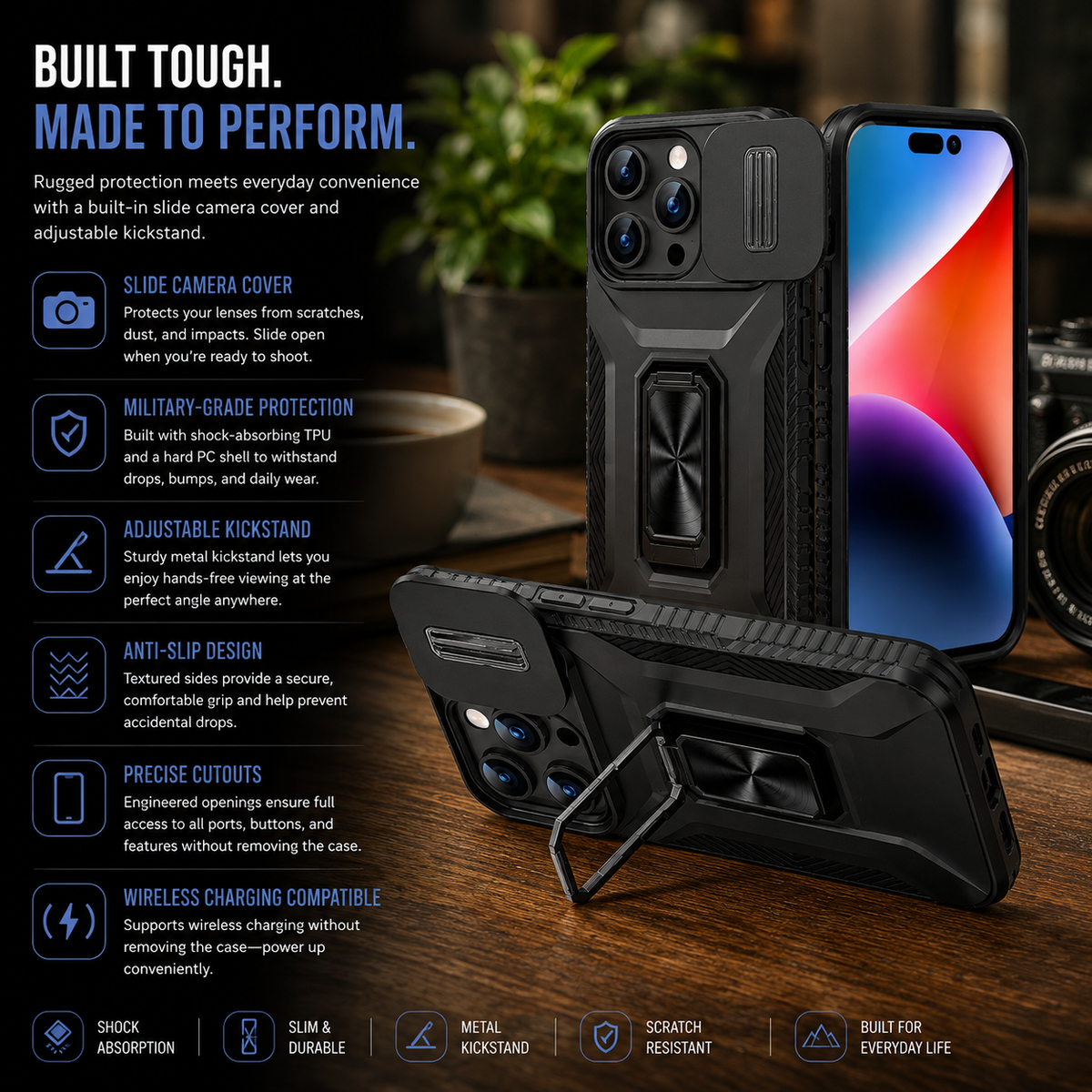 Premium Luxury iPhone Case Shockproof Cover Full Body Protection Sliding Camera Lens Guard Rotary Stand Anti Slip Grip Durable Design Finish