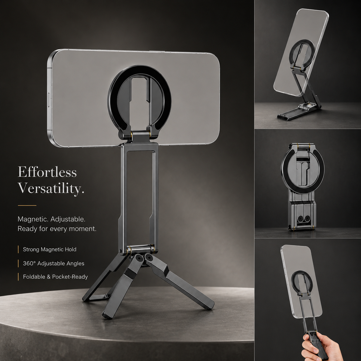Premium MagSafe Magnetic Phone Tripod Stand Ultra Slim Pocket Phone Holder N52 Magnetic Grip 360 Adjustable Stand Compatible with iPhone