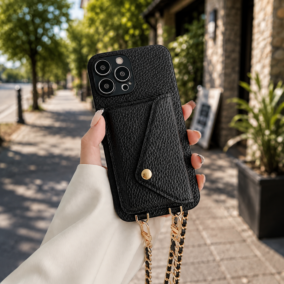 Premium iPhone Case Crossbody Wallet Cover Card Holder Chain Strap Camera Lens Protection PU Leather Shockproof Anti Scratch Full Coverage