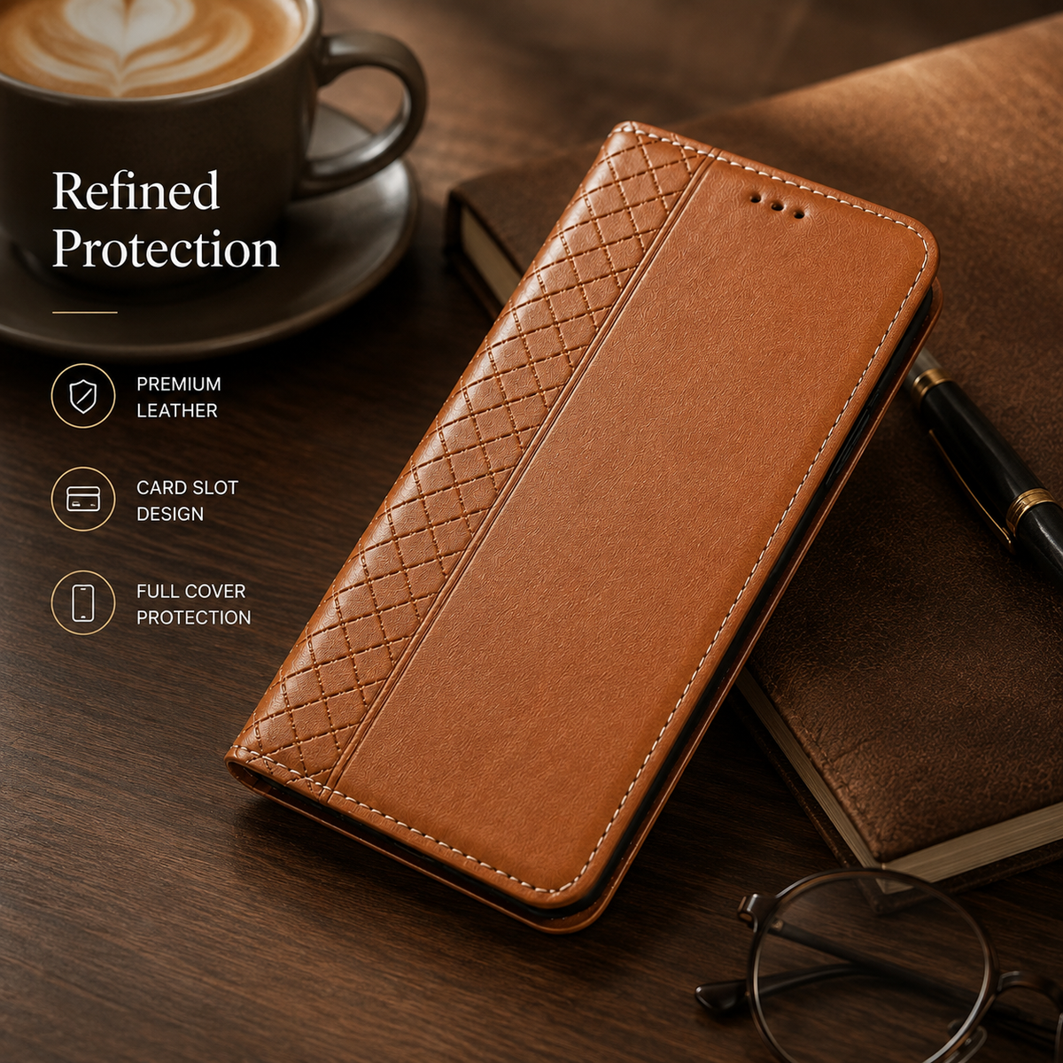 Premium iPhone Case Genuine Nappa Leather Wallet Flip Protective Cover Card Holder Magnetic Closure Kickstand Shockproof Full Body Business Design