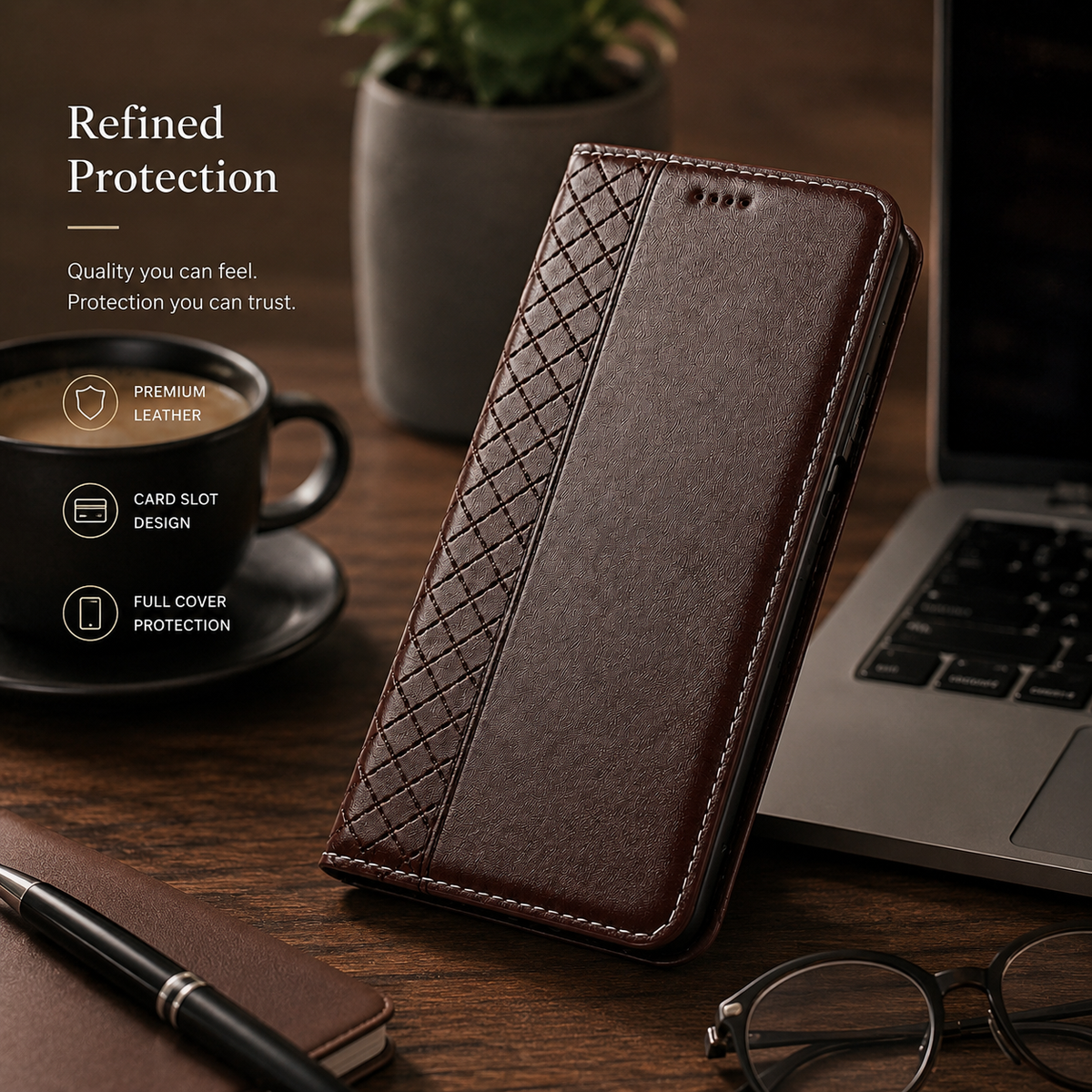 Premium iPhone Case Genuine Nappa Leather Wallet Flip Protective Cover Card Holder Magnetic Closure Kickstand Shockproof Full Body Business Design