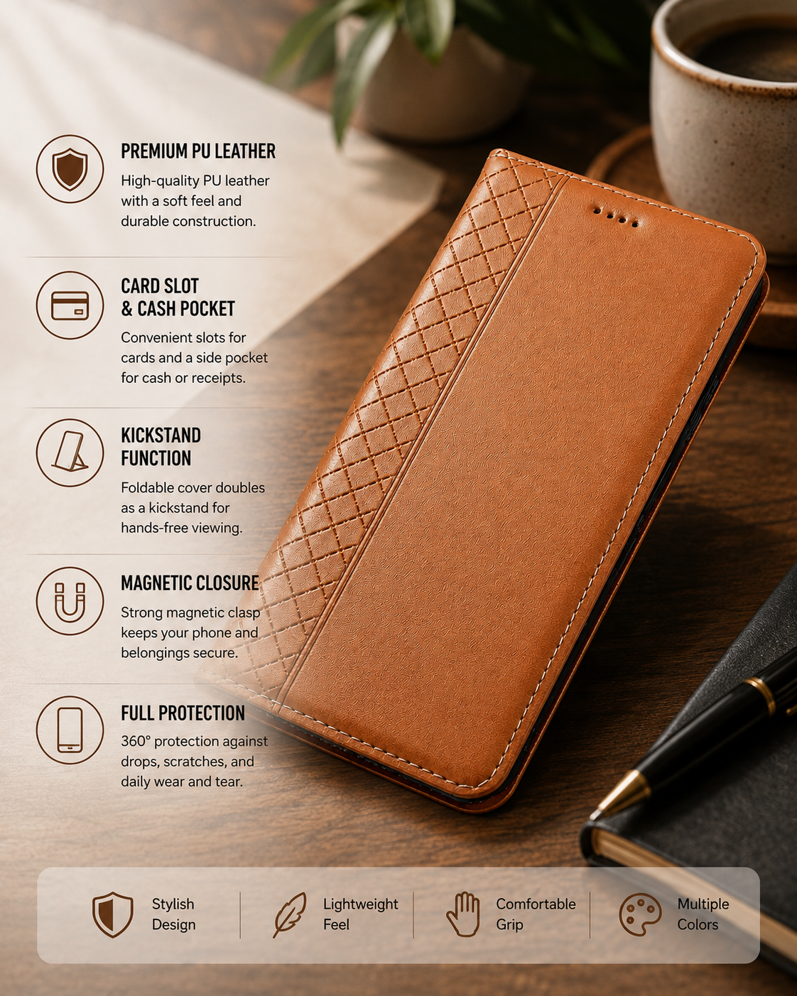 Premium iPhone Case Genuine Nappa Leather Wallet Flip Protective Cover Card Holder Magnetic Closure Kickstand Shockproof Full Body Business Design