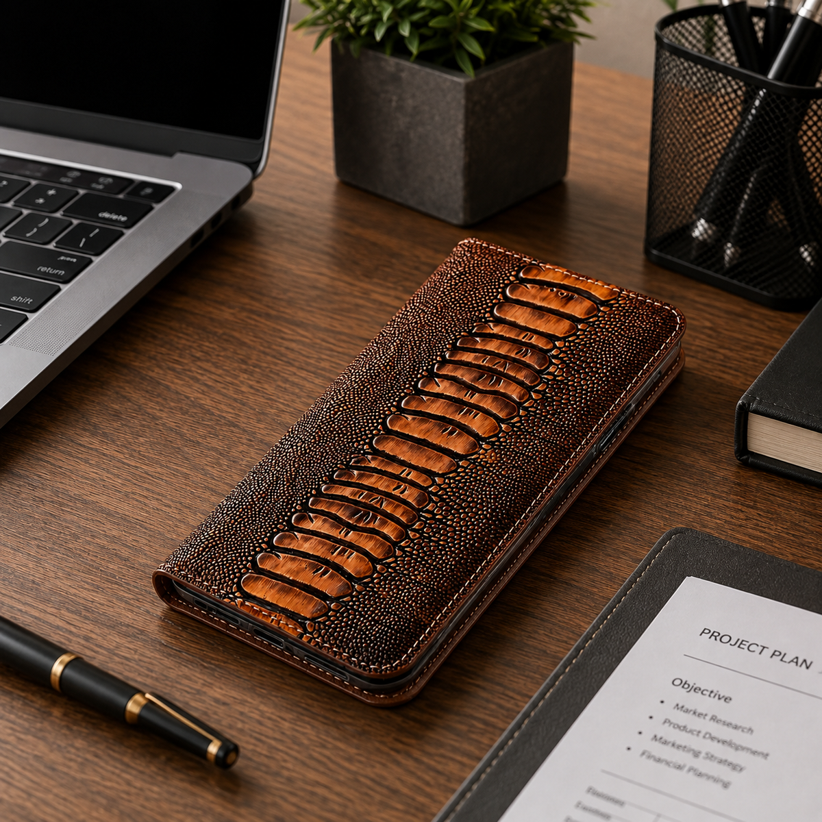 Premium iPhone Case Genuine Ostrich Leather Wallet Cover Camera Lens Protection Magnetic Card Holder Kickstand Anti Scratch Full Coverage
