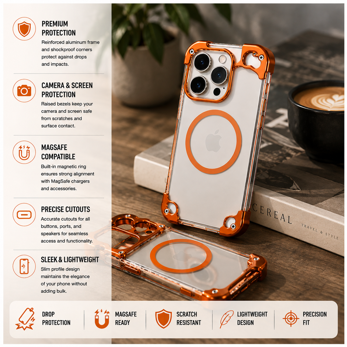 Premium iPhone Case MagSafe Compatible Aluminum Corner Bumper Protective Cover Transparent Back Shockproof Frameless Camera Protection Heat Dissipation Design