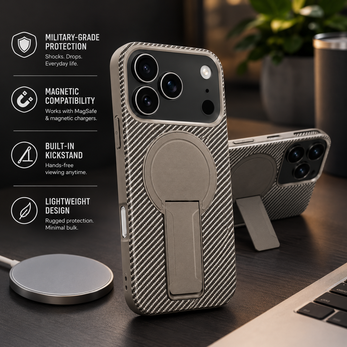 Premium iPhone Case MagSafe Compatible Carbon Fiber Pattern Fold Stand Magnetic Shockproof Protective Cover PC TPU Military Armor Camera Protection Full Coverage