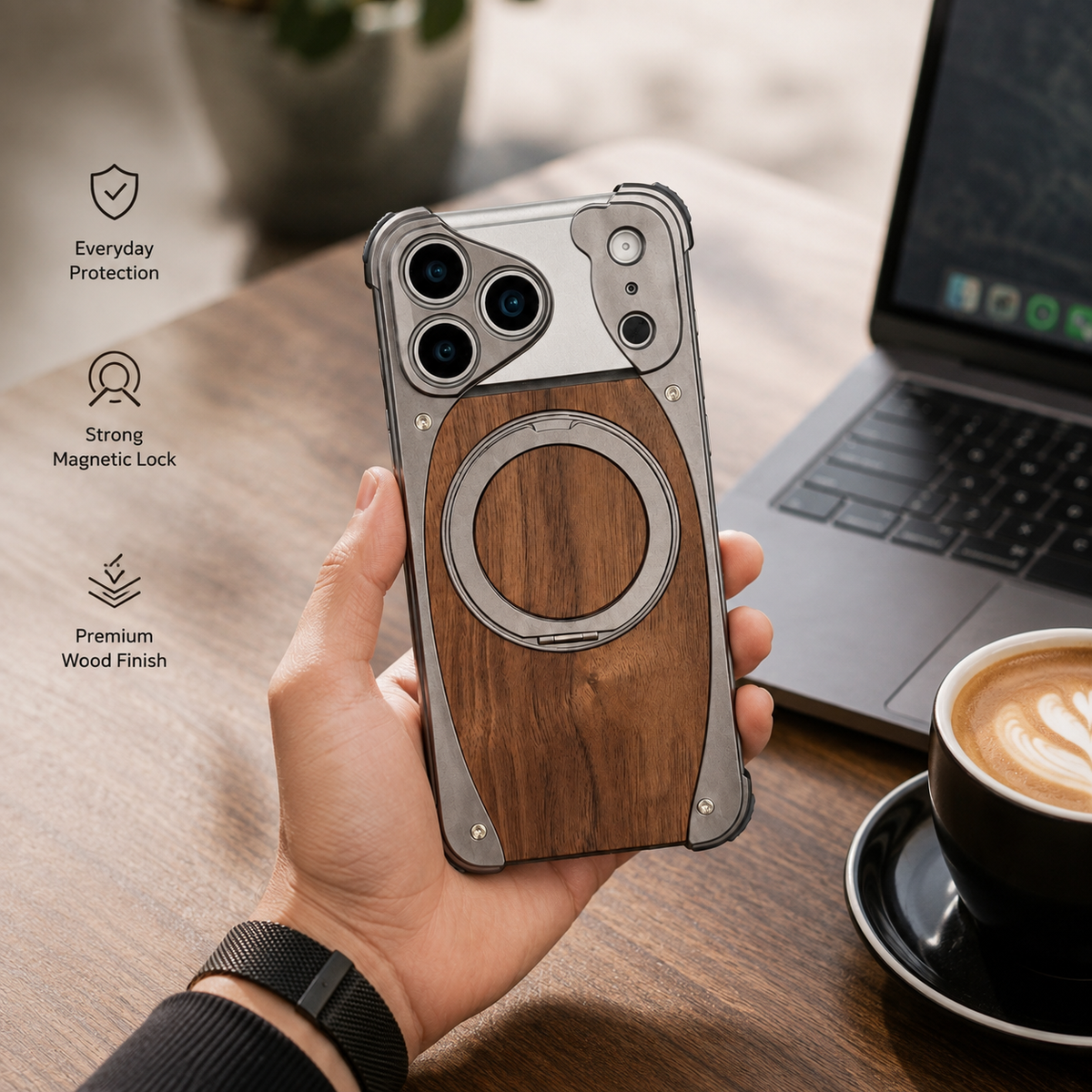 Premium iPhone Case MagSafe Compatible Magnetic Metal Frame Walnut Wood Cover 360 Rotating Ring Stand Shockproof Camera Protection Slim Design