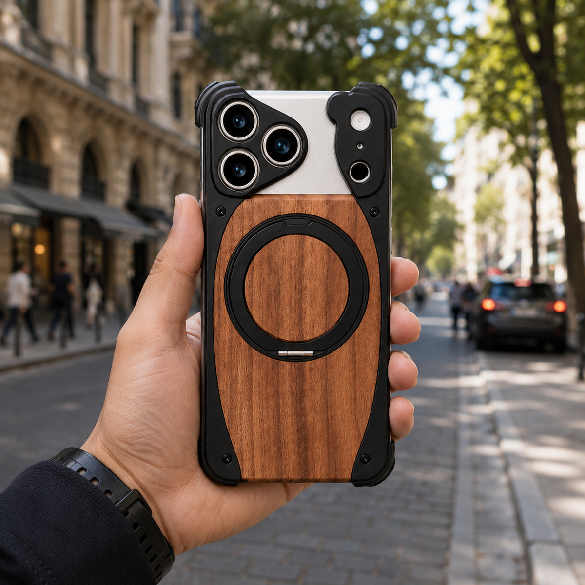 Premium iPhone Case MagSafe Compatible Magnetic Metal Frame Walnut Wood Cover 360 Rotating Ring Stand Shockproof Camera Protection Slim Design