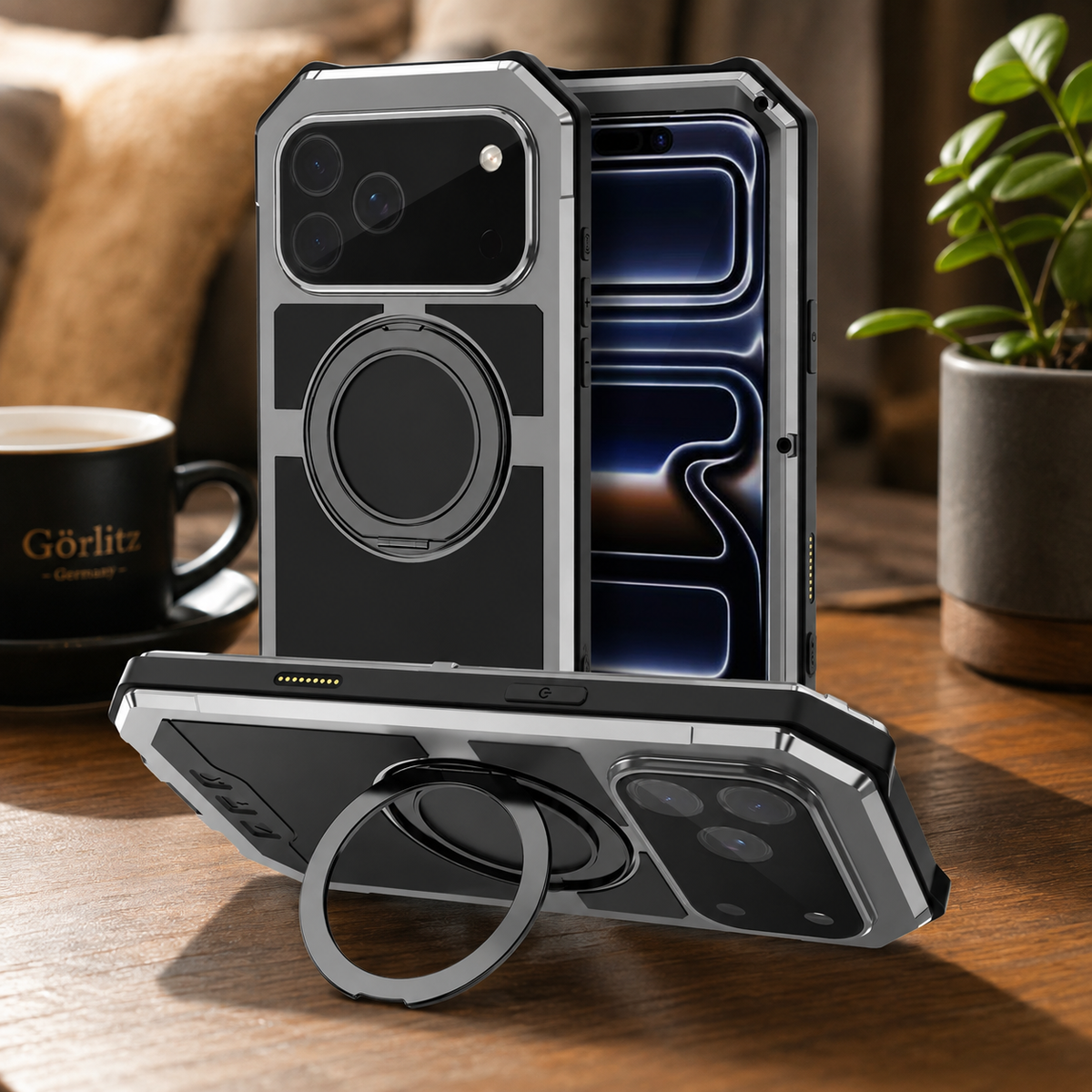 Premium iPhone Case MagSafe Compatible Magnetic Protective Cover Aluminum Armor Frame Built-in Kickstand Glass Screen Protector Shockproof Full Body Design