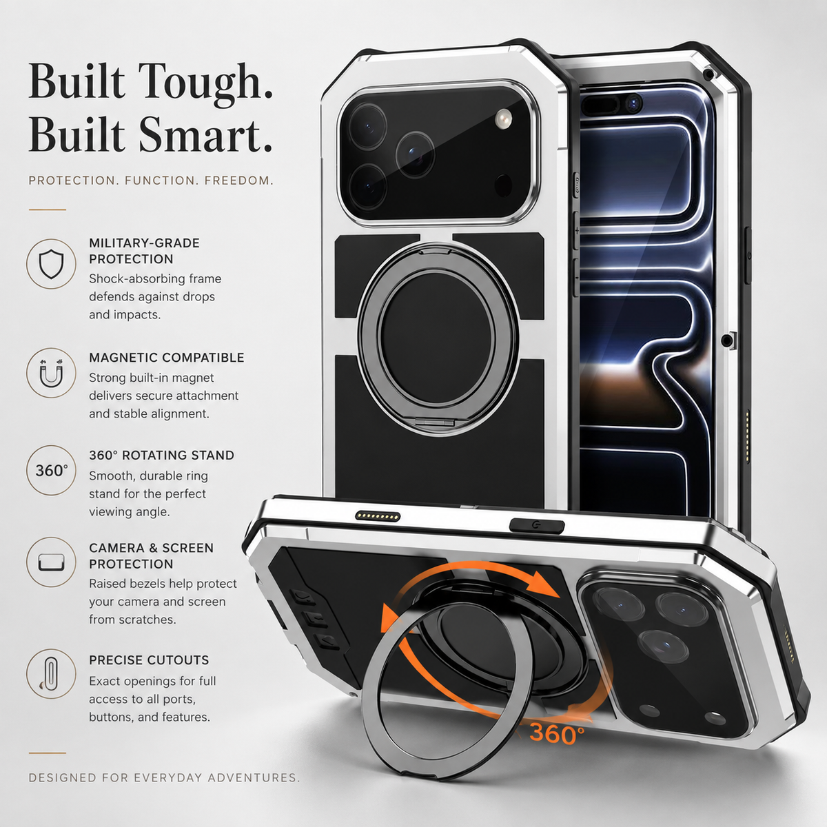 Premium iPhone Case MagSafe Compatible Magnetic Protective Cover Aluminum Armor Frame Built-in Kickstand Glass Screen Protector Shockproof Full Body Design
