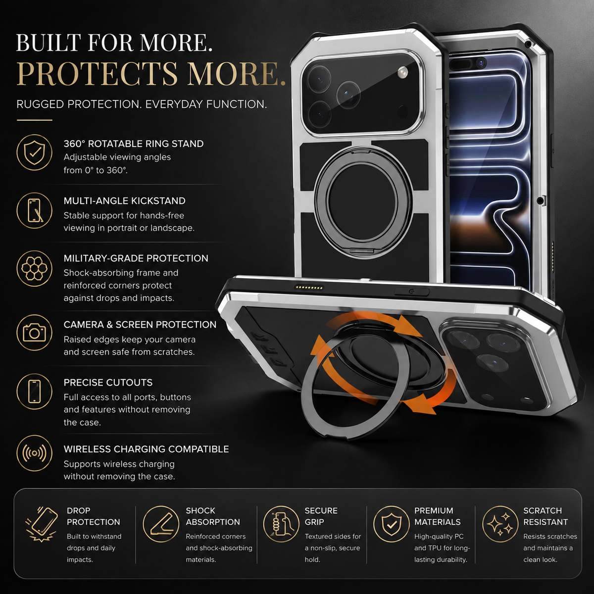 Premium iPhone Case MagSafe Compatible Magnetic Protective Cover Aluminum Armor Frame Built-in Kickstand Glass Screen Protector Shockproof Full Body Design