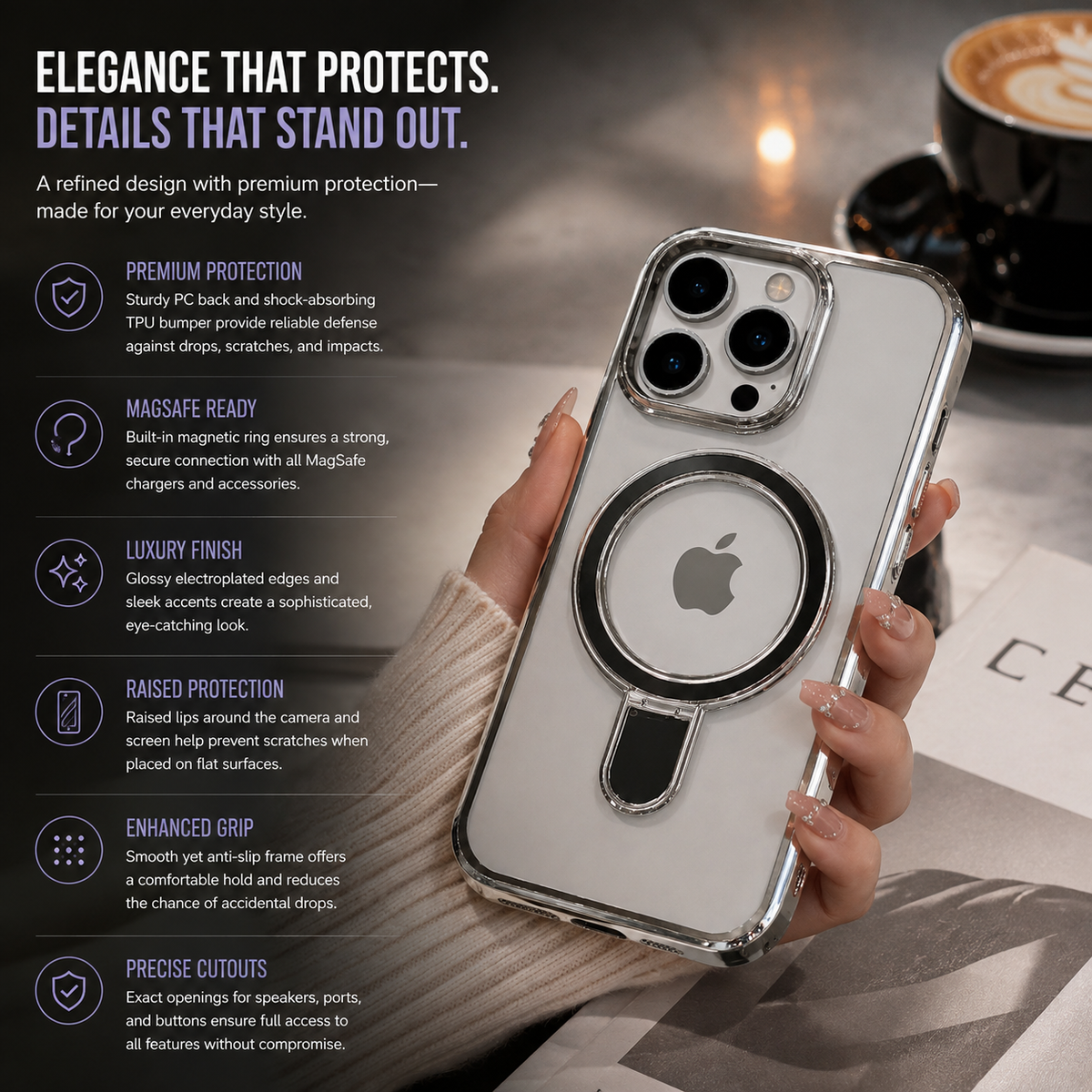 Premium iPhone Case MagSafe Compatible Protective Cover Camera Lens Protection Clear Acrylic Magnetic Stand Shockproof Anti Fingerprint Full Coverage