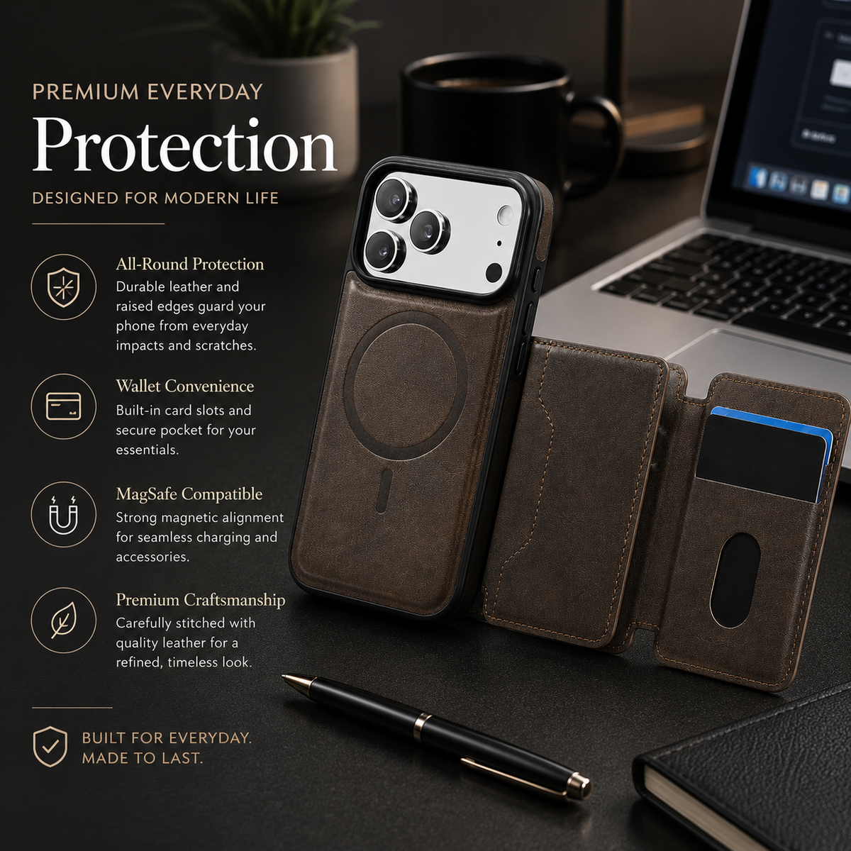 Premium iPhone Case MagSafe Compatible Protective Cover Camera Lens Protection Shockproof Detachable Magnetic PU Leather Wallet Card Holder Anti Scratch Full Coverage