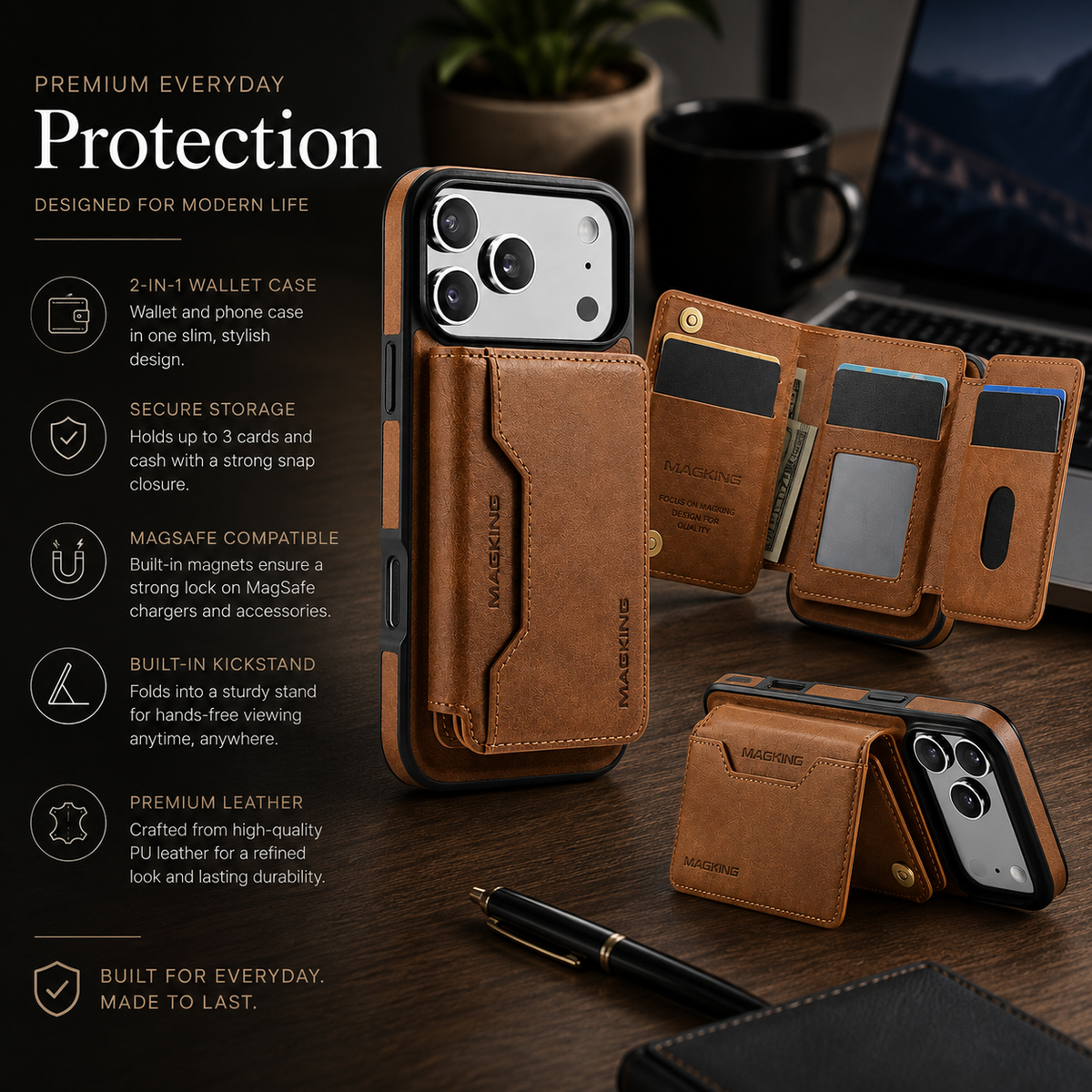 Premium iPhone Case MagSafe Compatible Protective Cover Camera Lens Protection Shockproof Detachable Magnetic PU Leather Wallet Card Holder Anti Scratch Full Coverage