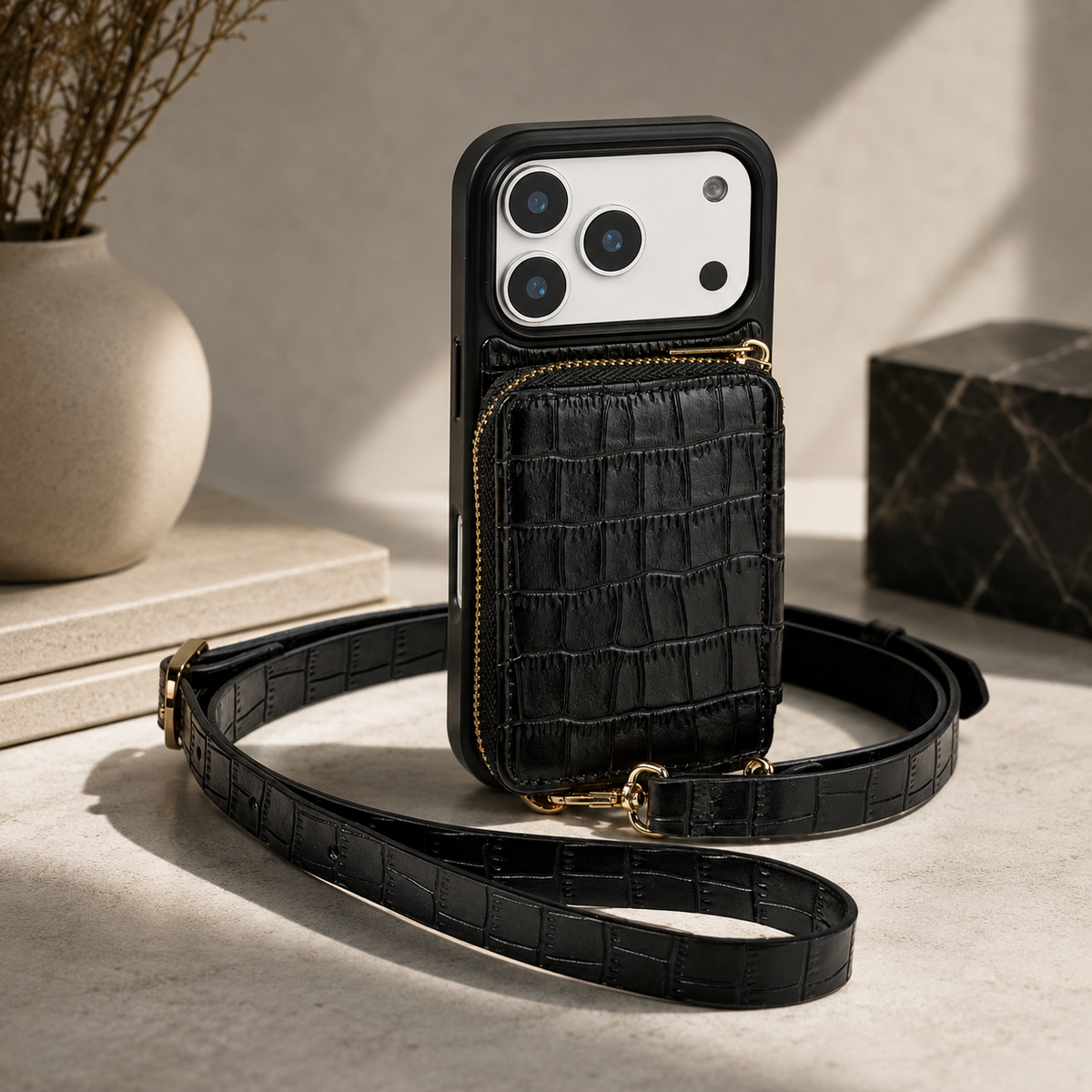 Premium iPhone Case Protective Wallet Cover Camera Lens Protection Crocodile Pattern Leather Crossbody Lanyard Card Holder Anti Fingerprint Slim Fit
