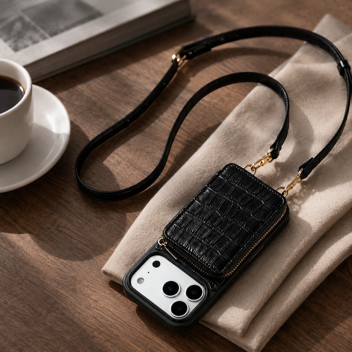 Premium iPhone Case Protective Wallet Cover Camera Lens Protection Crocodile Pattern Leather Crossbody Lanyard Card Holder Anti Fingerprint Slim Fit
