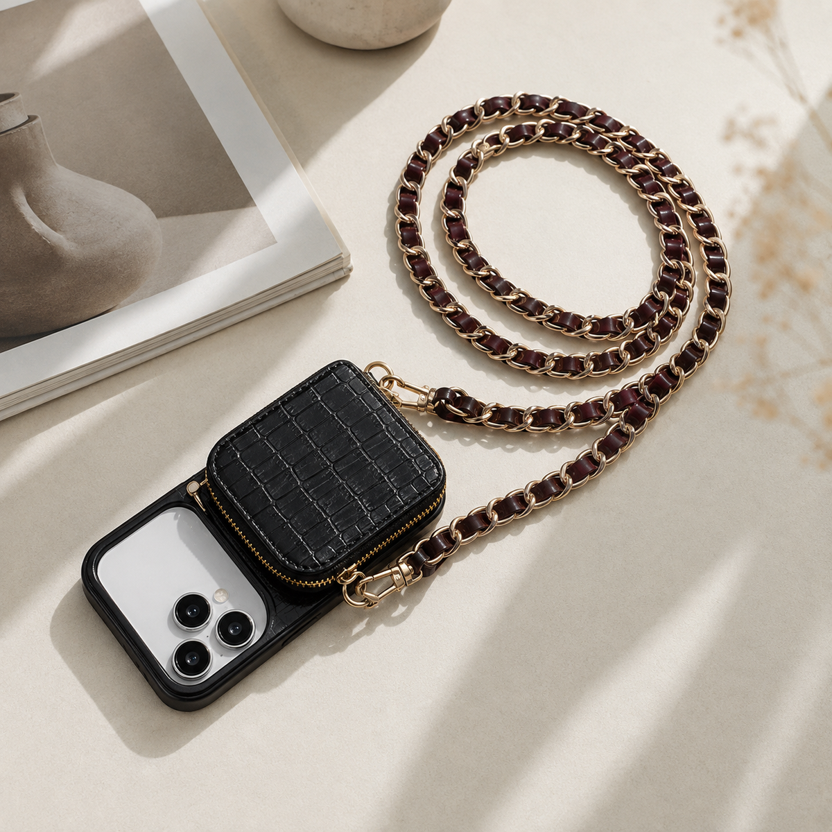 Premium iPhone Case Protective Wallet Cover Camera Lens Protection Crocodile Pattern Leather Crossbody Lanyard Card Holder Anti Fingerprint Slim Fit