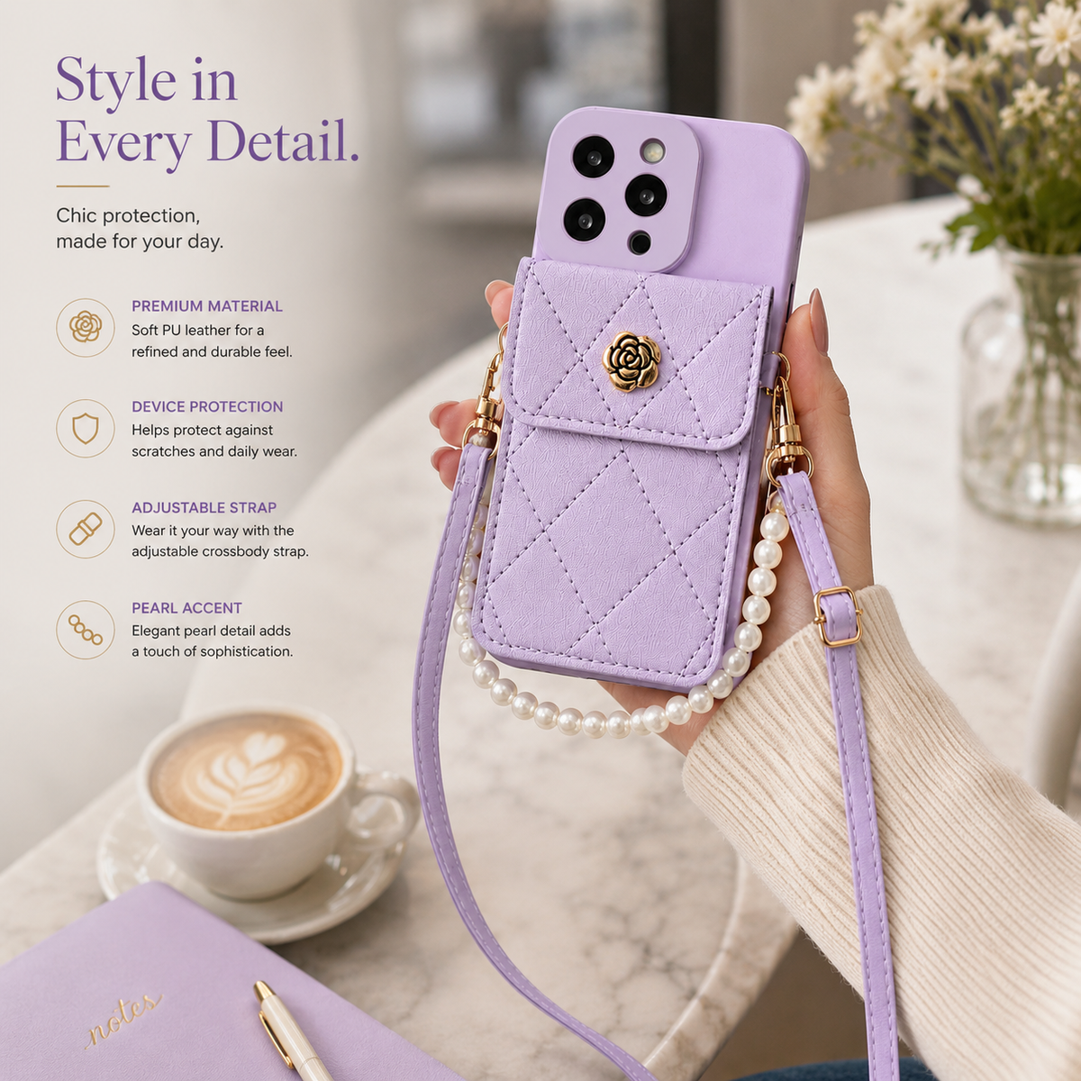 Premium iPhone Case Wallet MagSafe Compatible Crossbody Strap Protective Cover Card Holder Shockproof Pearl Strap Camera Protection Slim Luxury Design