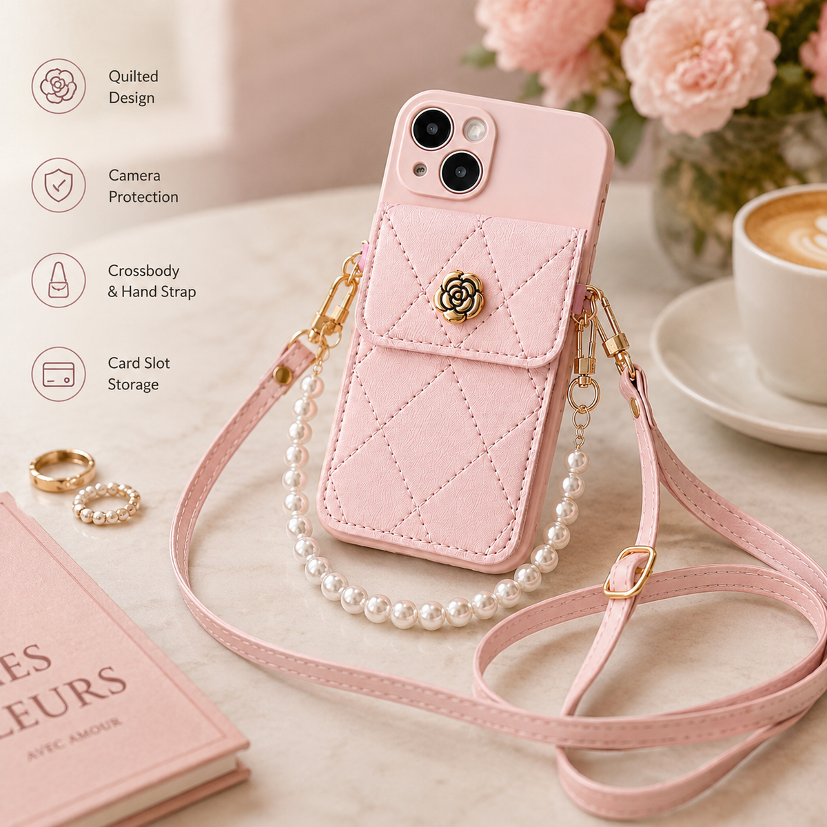 Premium iPhone Case Wallet MagSafe Compatible Crossbody Strap Protective Cover Card Holder Shockproof Pearl Strap Camera Protection Slim Luxury Design