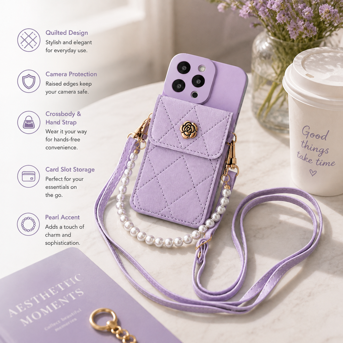 Premium iPhone Case Wallet MagSafe Compatible Crossbody Strap Protective Cover Card Holder Shockproof Pearl Strap Camera Protection Slim Luxury Design