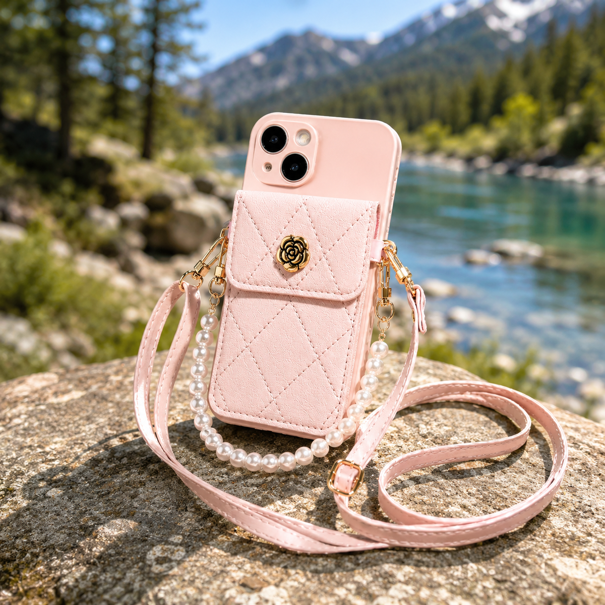 Premium iPhone Case Wallet MagSafe Compatible Crossbody Strap Protective Cover Card Holder Shockproof Pearl Strap Camera Protection Slim Luxury Design