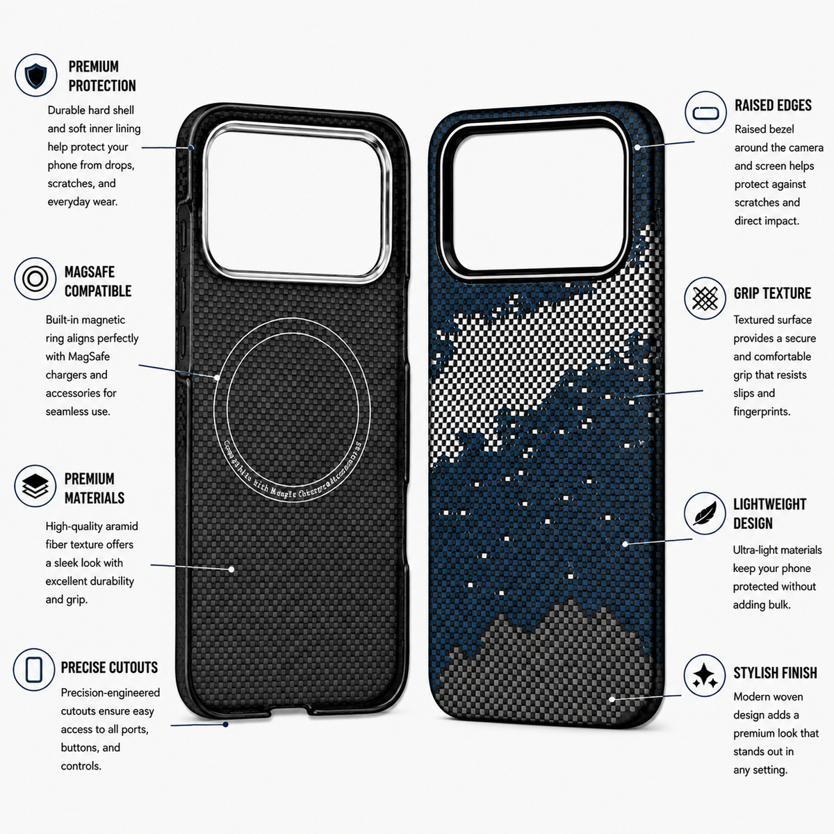 Premium iPhone Case MagSafe Compatible Real Carbon Fiber Aramid Kevlar Protective Cover Ultra Thin Shockproof Matte Anti Fingerprint Full Coverage Design