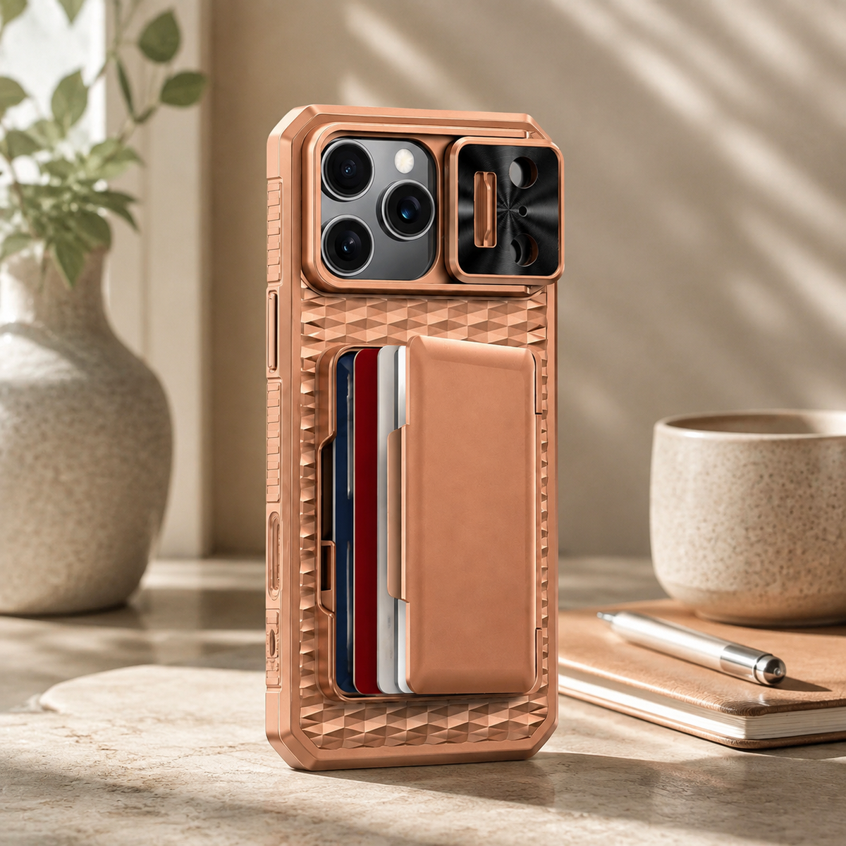 Premium iPhone Case Wallet Card Holder Sliding Camera Cover Foldable Stand Shockproof PC TPU Protective Full Coverage Design